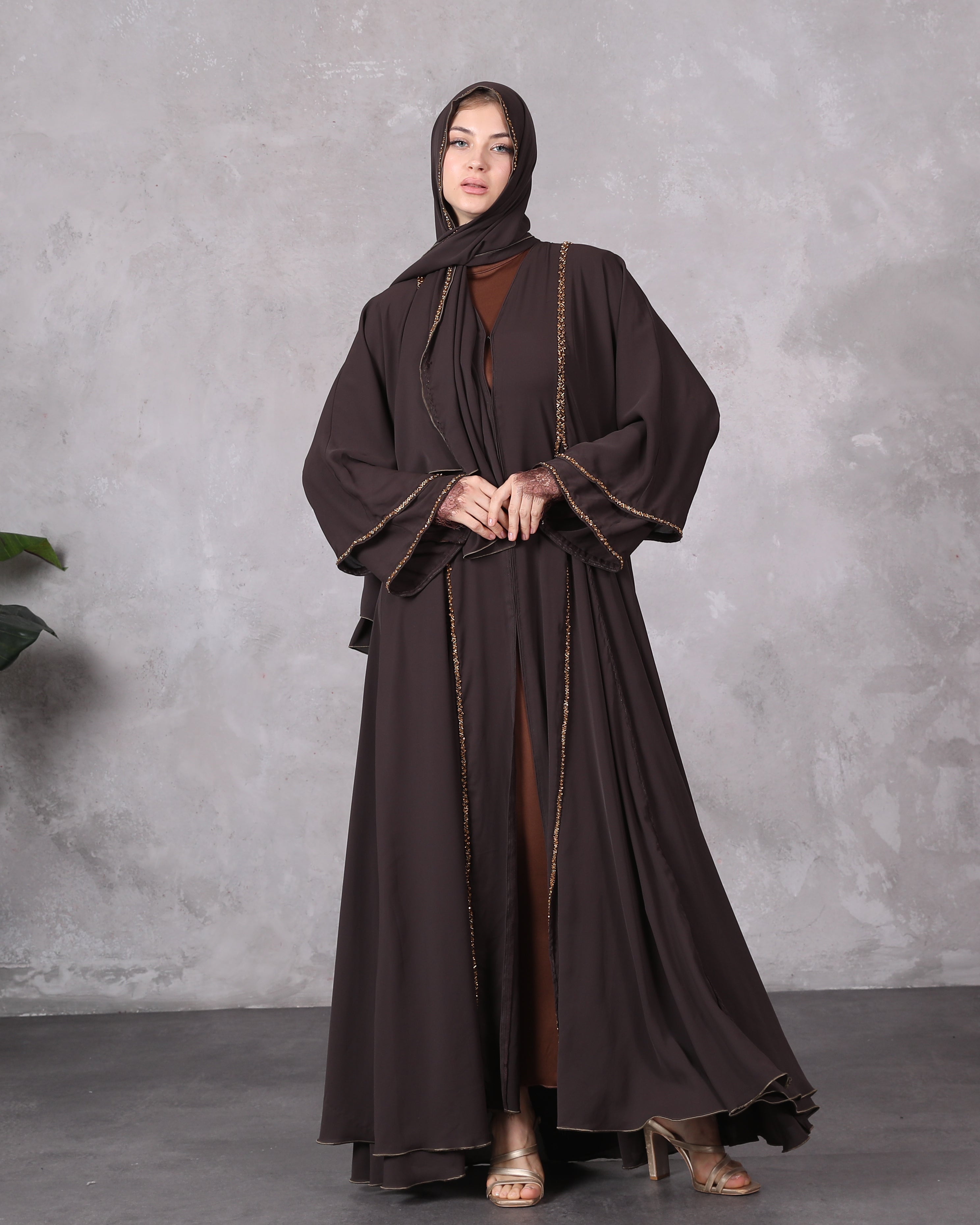 Earthy Elegance: Chiffon Abaya with Handmade Crystal Stones