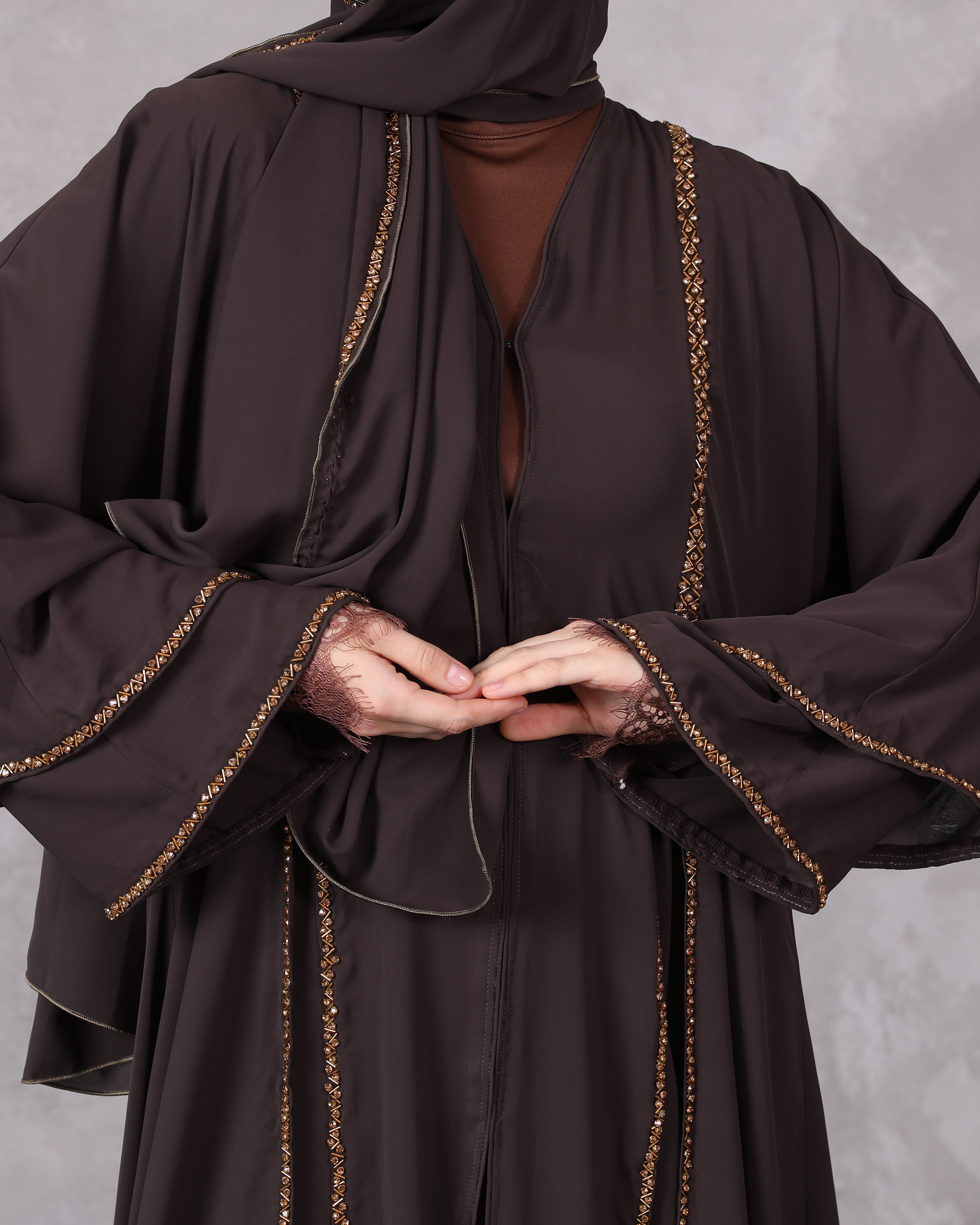 Earthy Elegance: Chiffon Abaya with Handmade Crystal Stones
