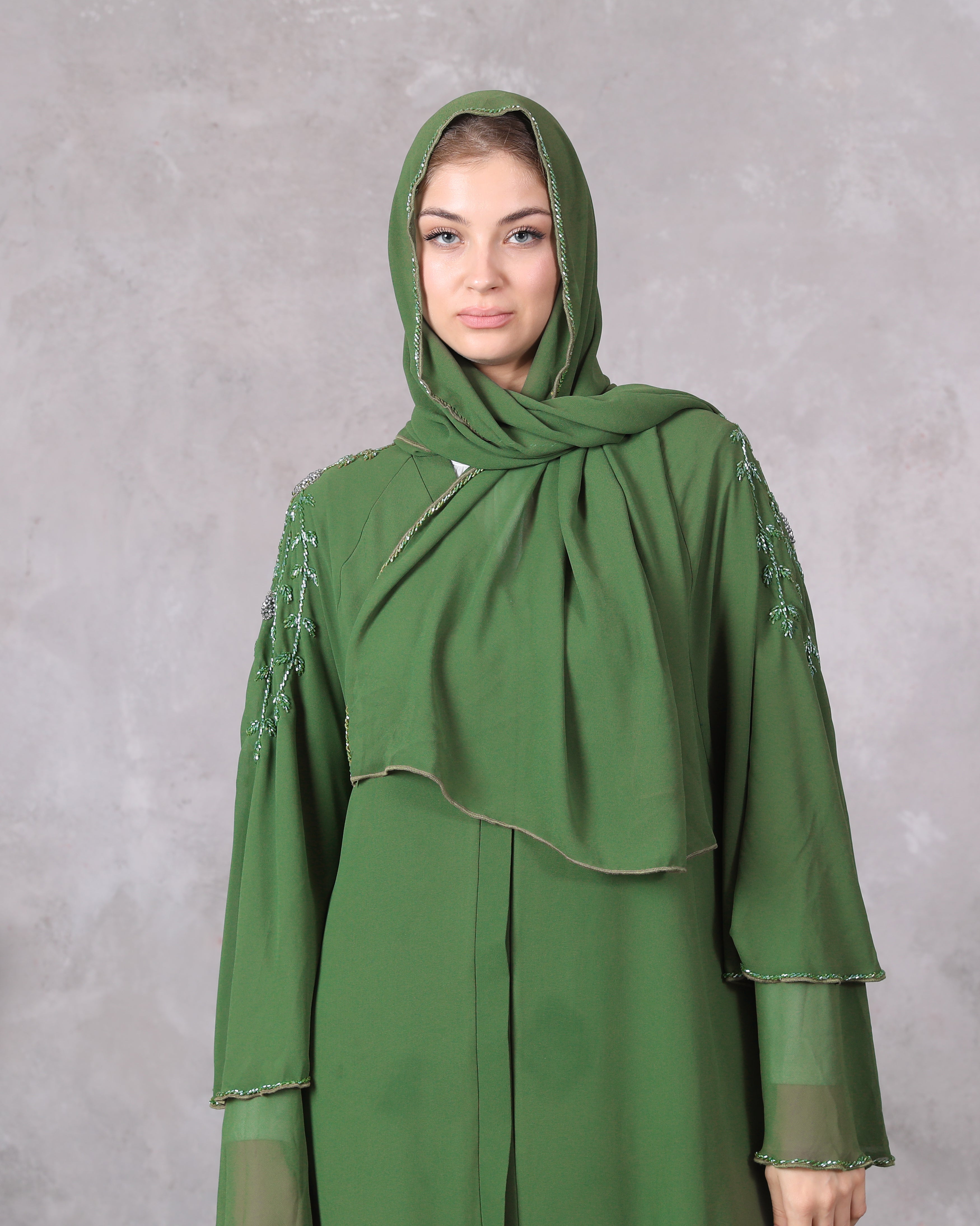 Graceful Layers: Barbie Green Three-Layer Chiffon Abaya with Handmade Stones