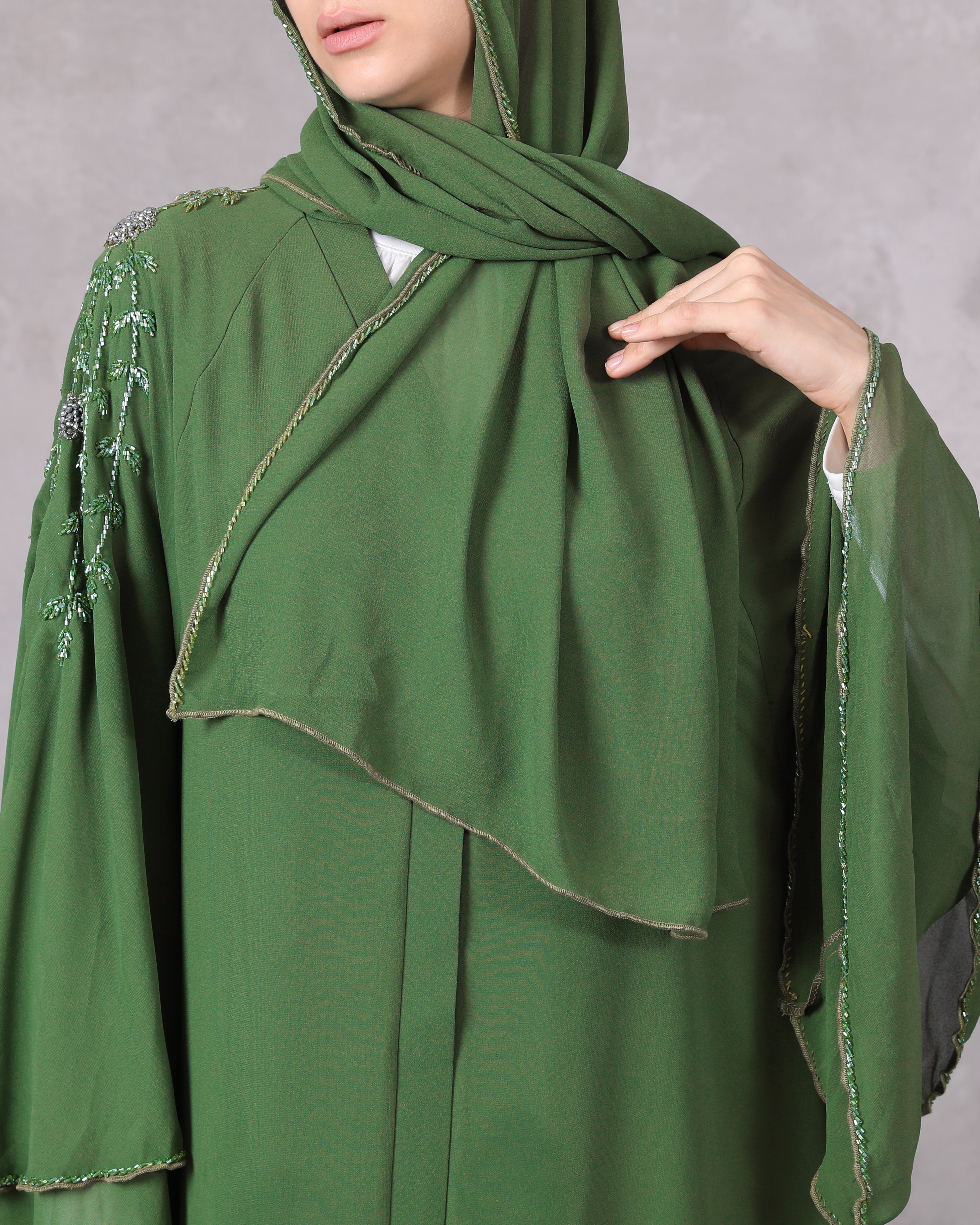Graceful Layers: Barbie Green Three-Layer Chiffon Abaya with Handmade Stones