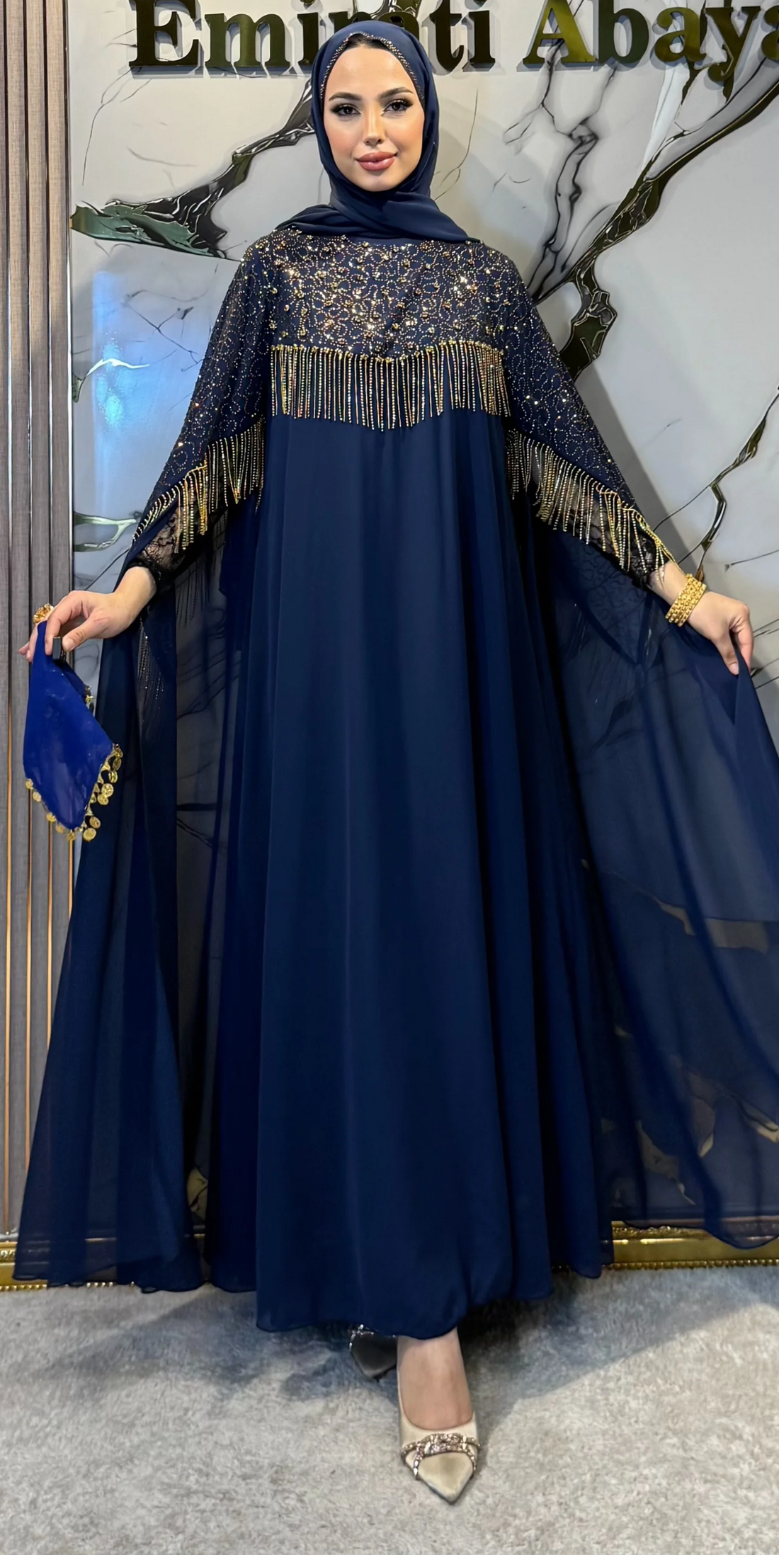 Larcİvet Şifon Gold Taşlı Uzun Kollu Abaya | WS56 GSL