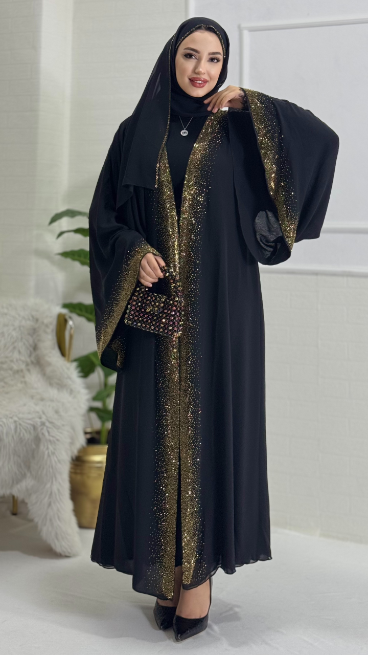 Önü Gold Taşlı Işıltılı Şık Siyah  Abaya