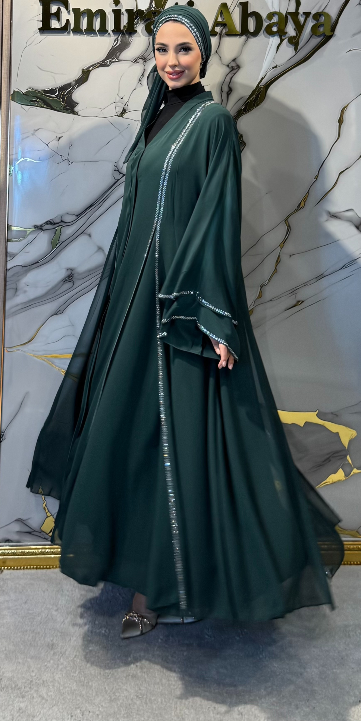 Front Slit Abaya with Swarovski Crystals Green TM06 WS Green