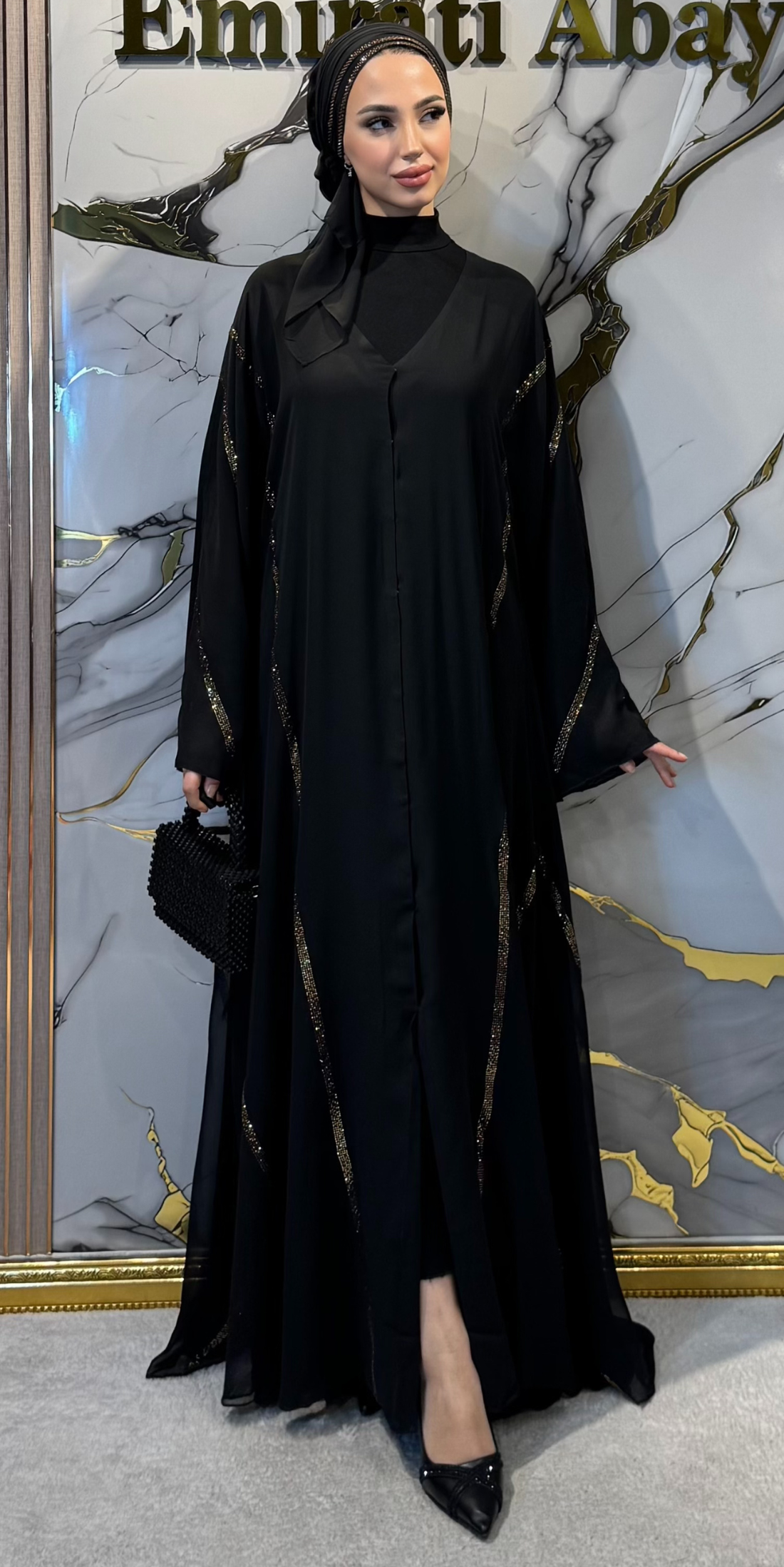 Lüks Altın Swarovski Taşlı Siyah Kore Şifon Abaya