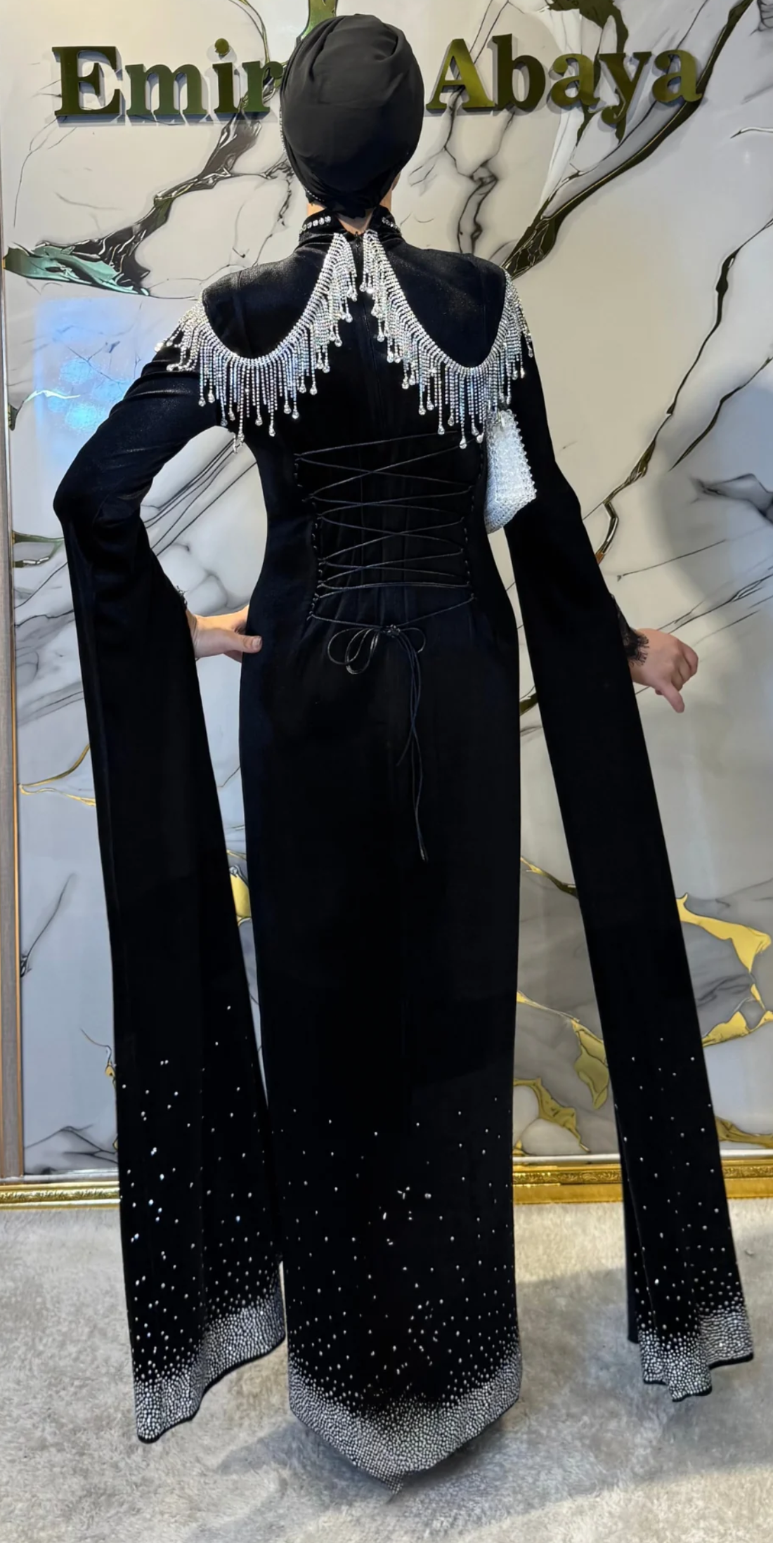 Black Velvet Evening Dress with Crystal Embellished Tassels | LY16 WSVB