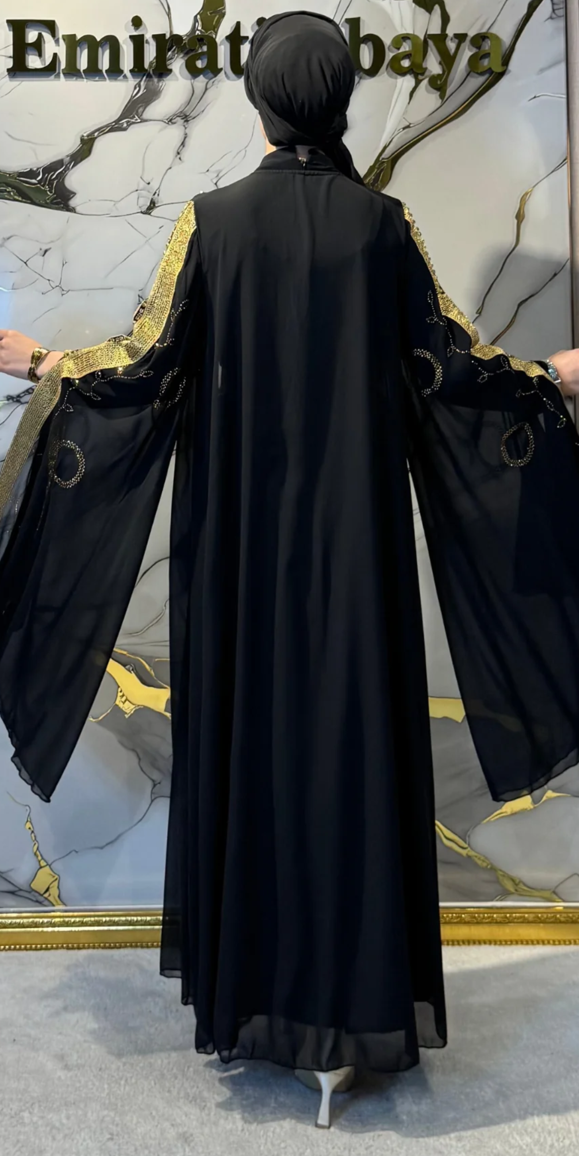 Gold Embellished Ribbon Detail Butterfly Sleeve Black Abaya Set - 4-Piece Luxury Set (Includes Shawl, Belt and Undershirt) WS46 GSB