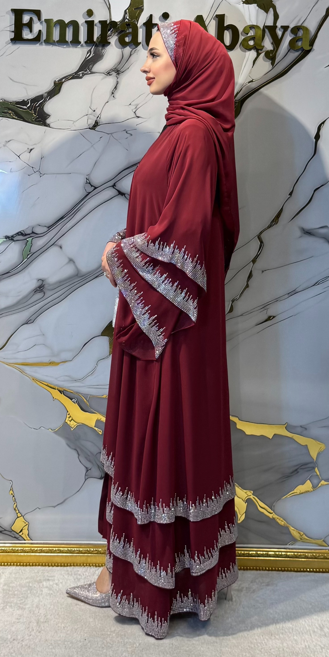 Üç Katlı Gümüş Taşlı Bordo Şifon Abaya Şal Dahi | TM22 WS BORDO