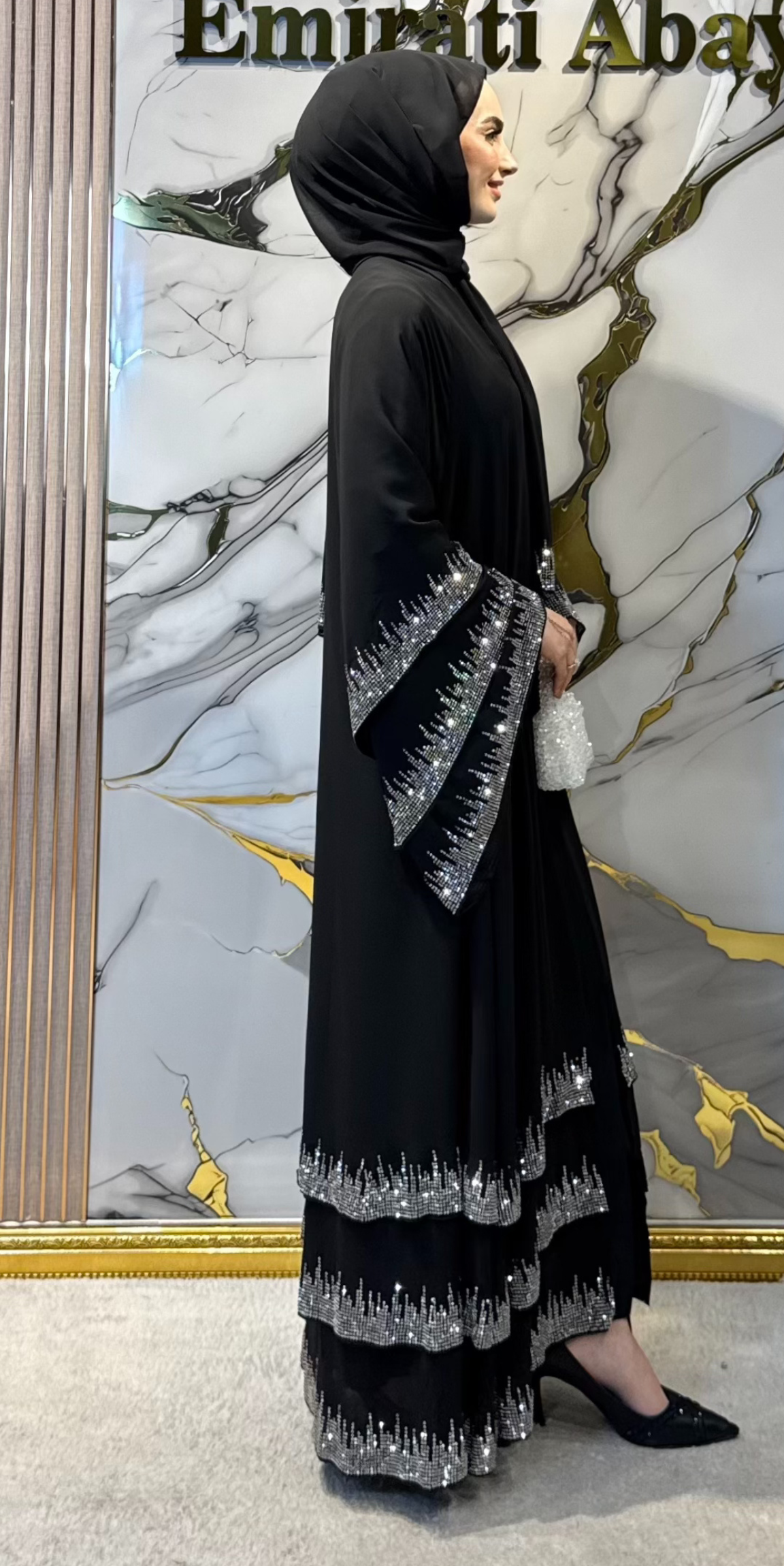 Etek Uçları Swarovski Taşlı Çıtçıtlı Siyah Abaya TM22 WSB - Şal Dahil Zarif Model