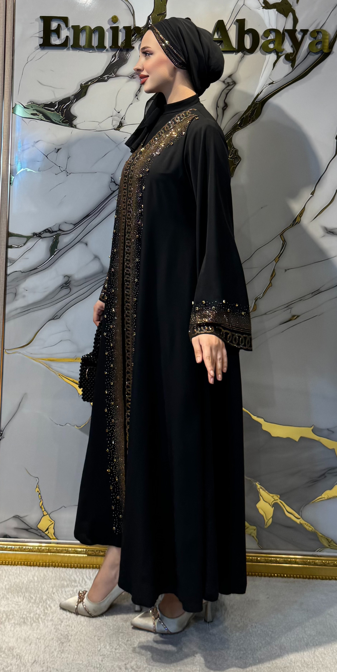 Black Abaya with Gold Stone Embellishment on the Front TM81 GSDB