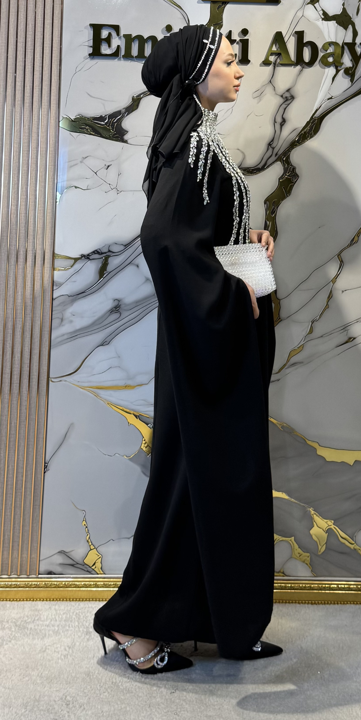 Handmade Black Dubai Fabric Abaya with White Stones | EF0019 WSDB