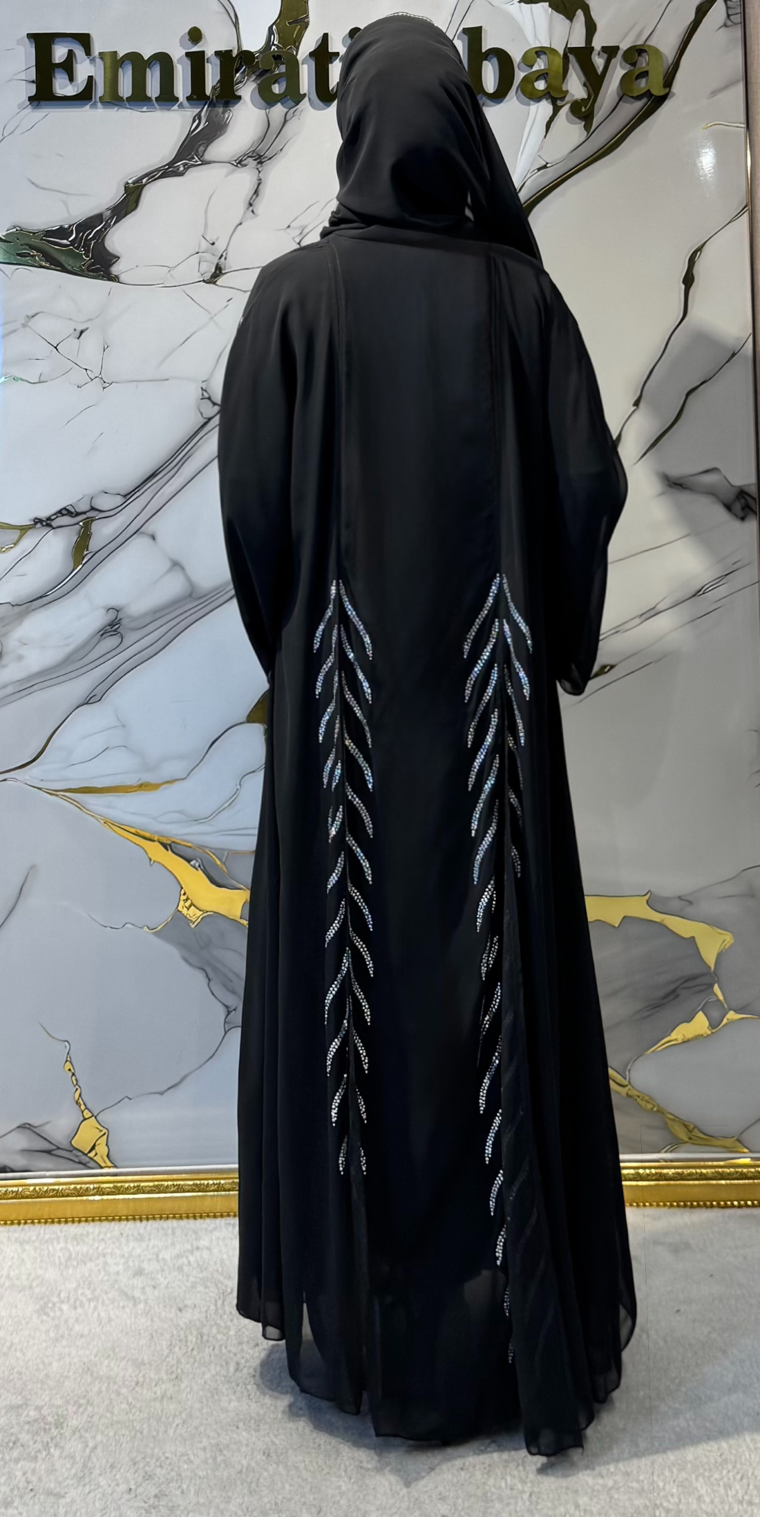 Önü Yırtmaçlı Swarovski Taşlı Siyah Abaya - Şifon Zarif Model TM06 TICK WSB