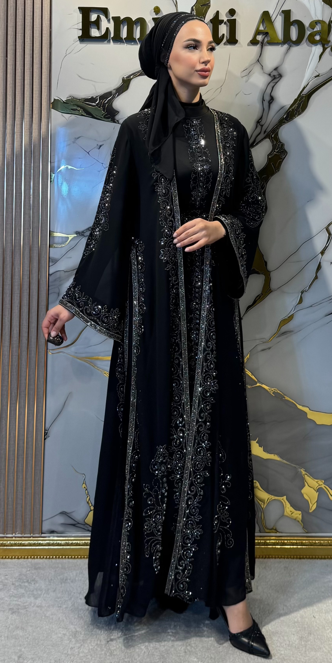 Black Korean Chiffon Traditional Abaya with Hematite and Swarovski Crystals