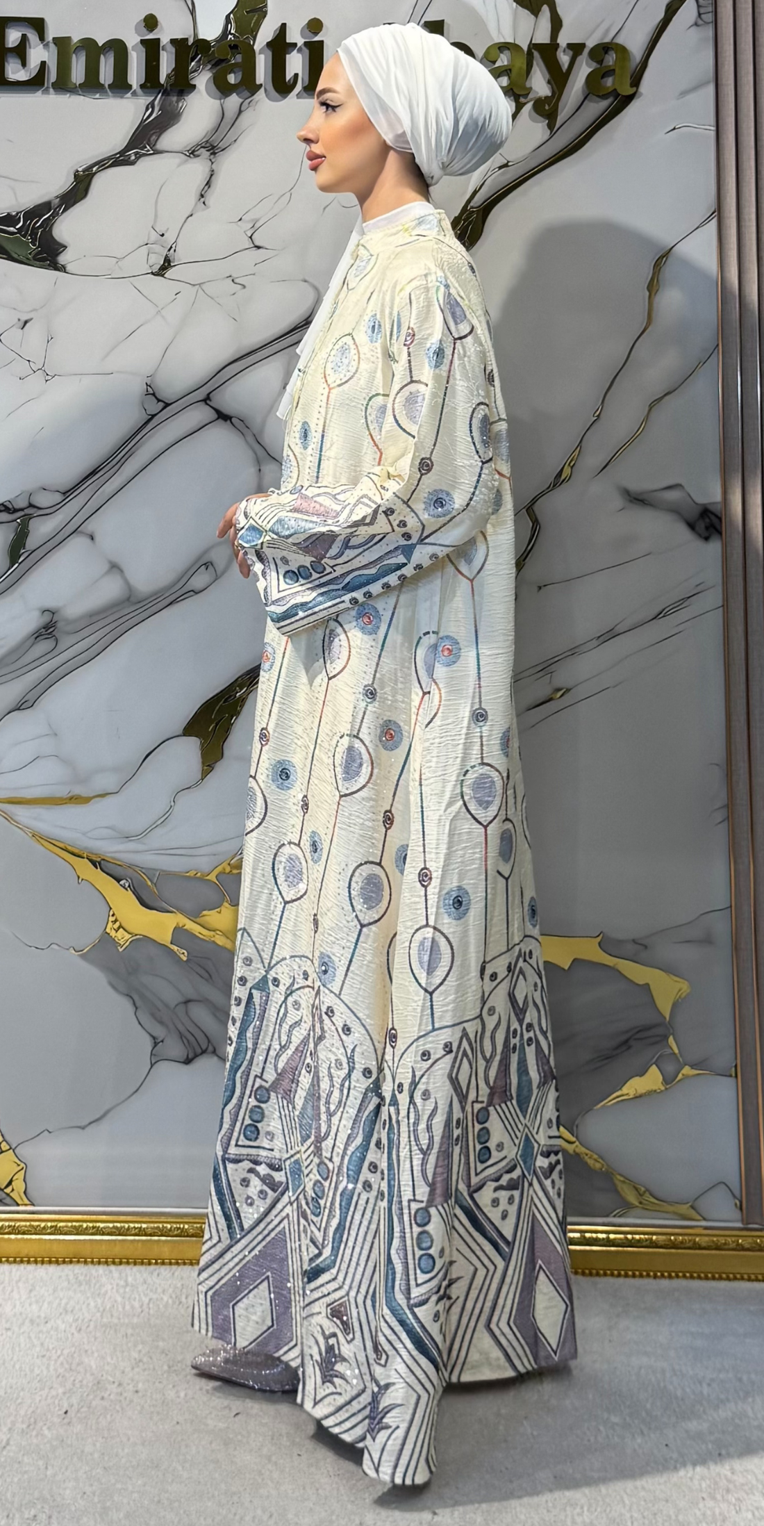 Geometrik Damla Baskılı Krem Jakar Günlük Abaya | KSA12 YELLOW