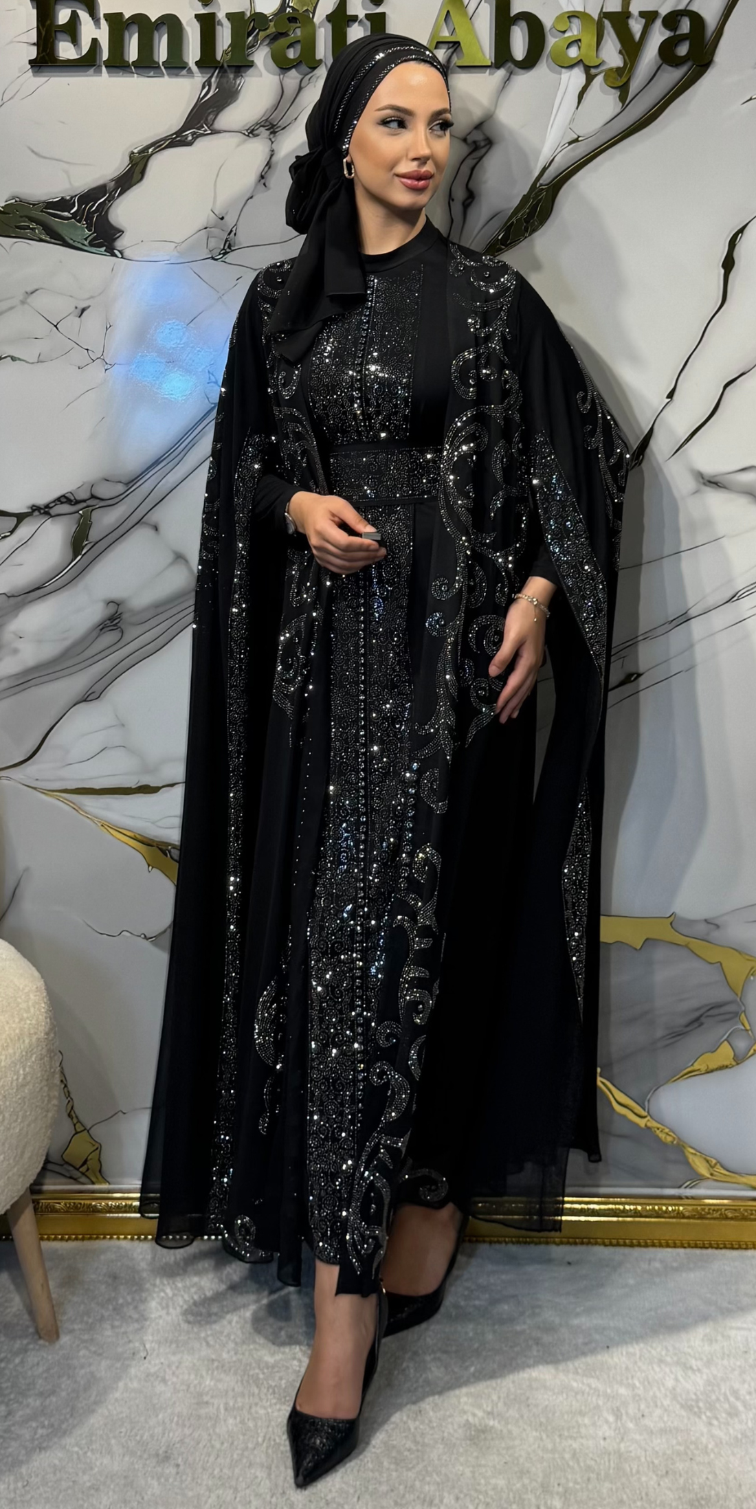 Black Chiffon Abaya with Hematite Stone Embroidered Cape Sleeves
