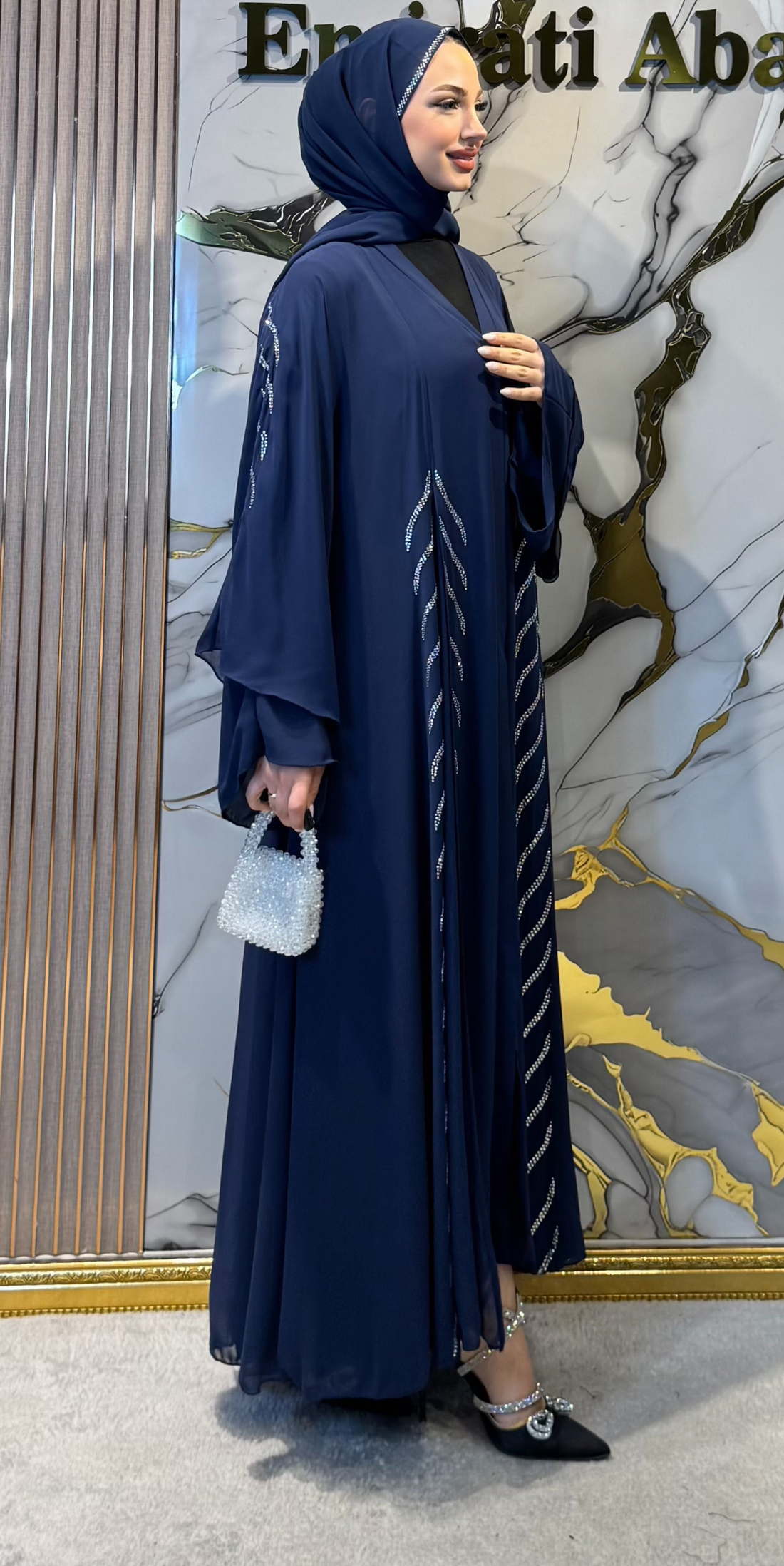 Elegant Navy Abaya with Pearl Stripe Detail | TM06 WSL TICK