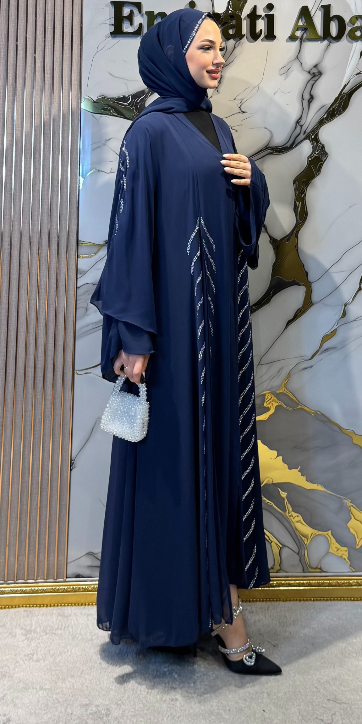 Elegant Navy Abaya with Pearl Stripe Detail | TM06 WSL TICK