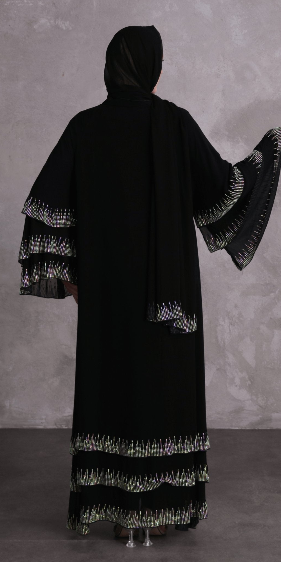 Black Abaya with Swarovski Stones and Striped Hemlines