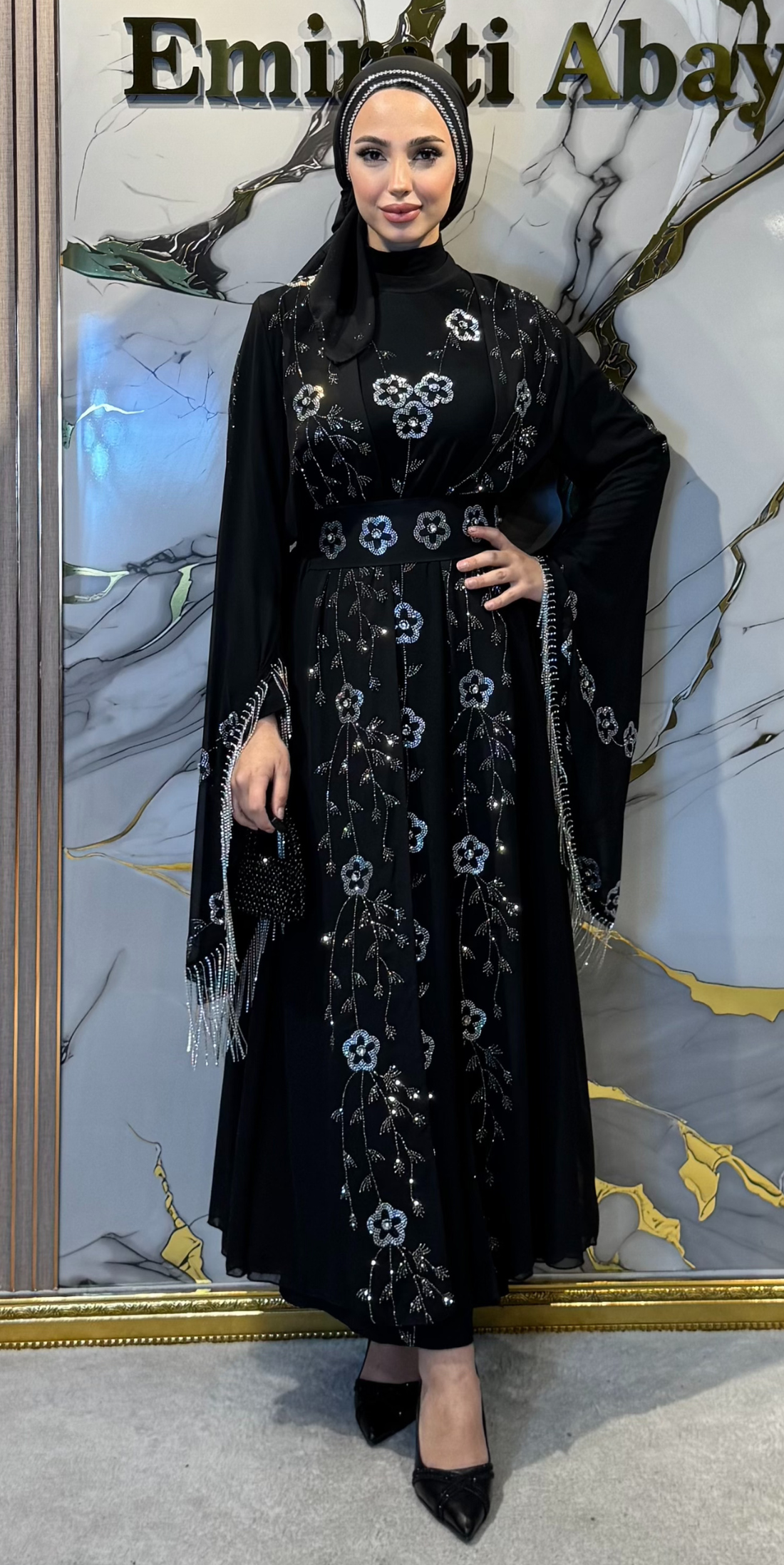 White Swarovski Crystal Embellished Korean Chiffon Dubai Style Traditional Abaya