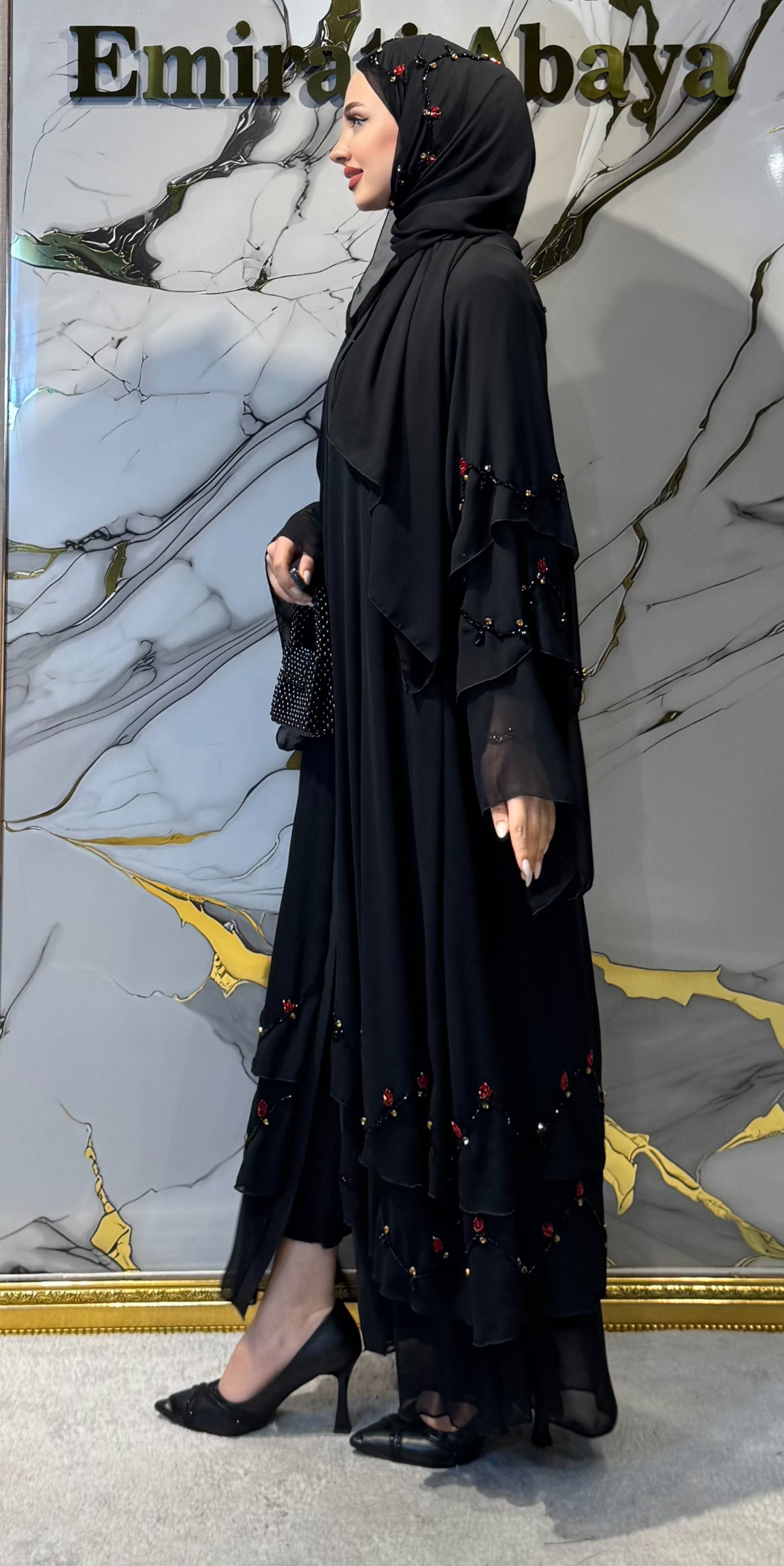 Hand-Embroidered Red Stone Embellished Chiffon Abaya - Wedding and Special Occasion M1 RedSB