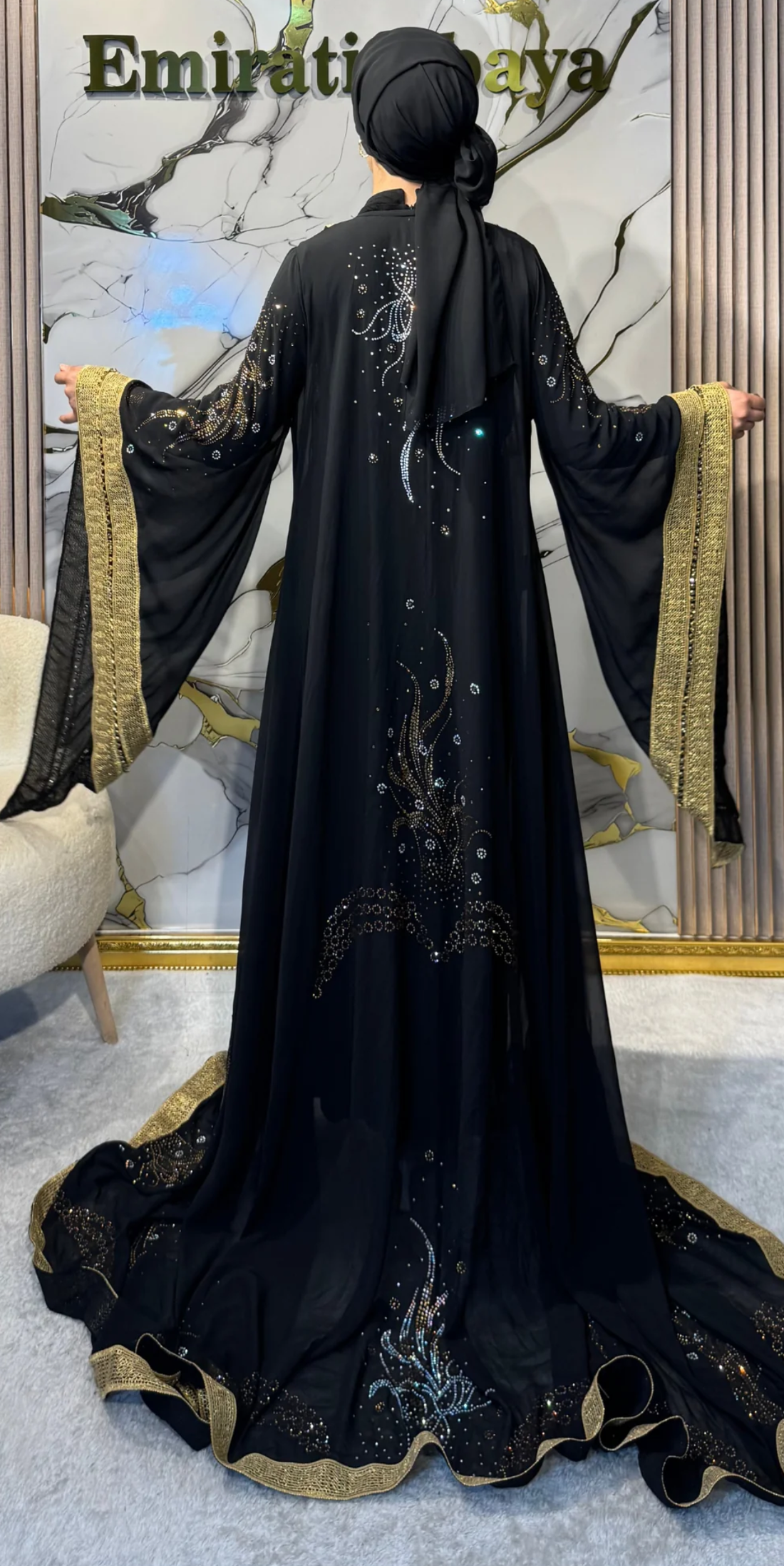 Black Chiffon Traditional Set with Gold Stripe and Stone Embellishments | WS52 GSB