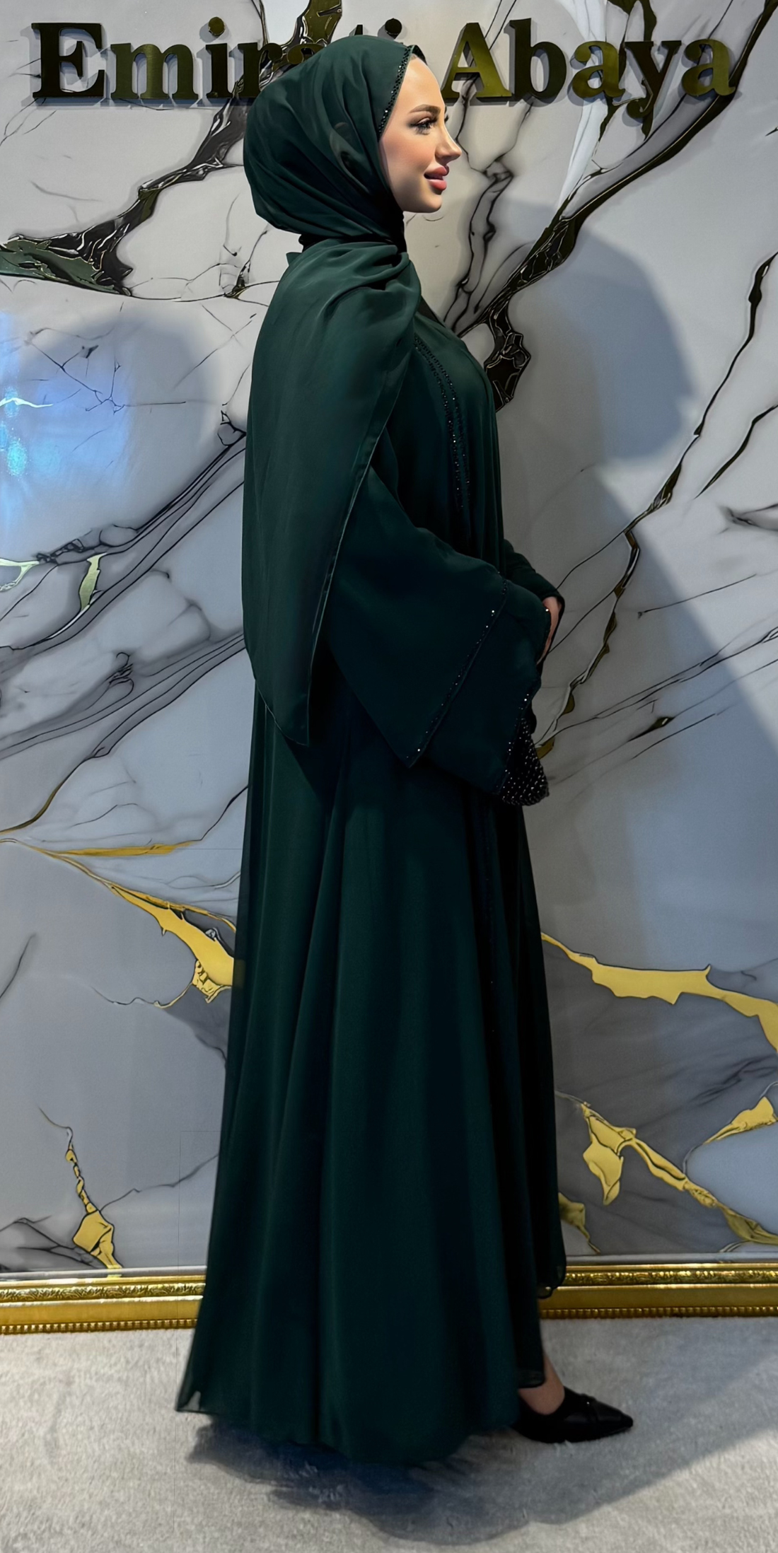Yapışkan Taşlı Önü Yırtmaçlı Zümrüt Yeşili Şifon Abaya – Şallı Takım | TM06 G BS Green