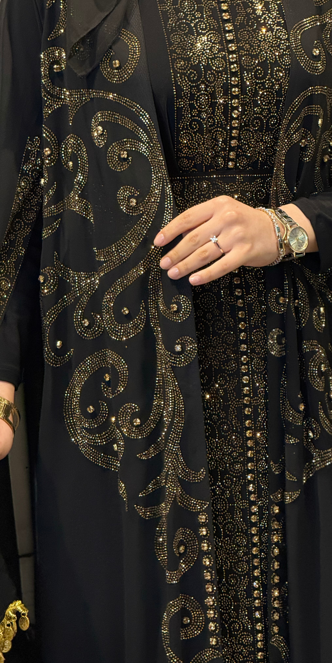 Black and Gold Embellished Long-Sleeved Traditional Chiffon Abaya Set, 4 Pieces