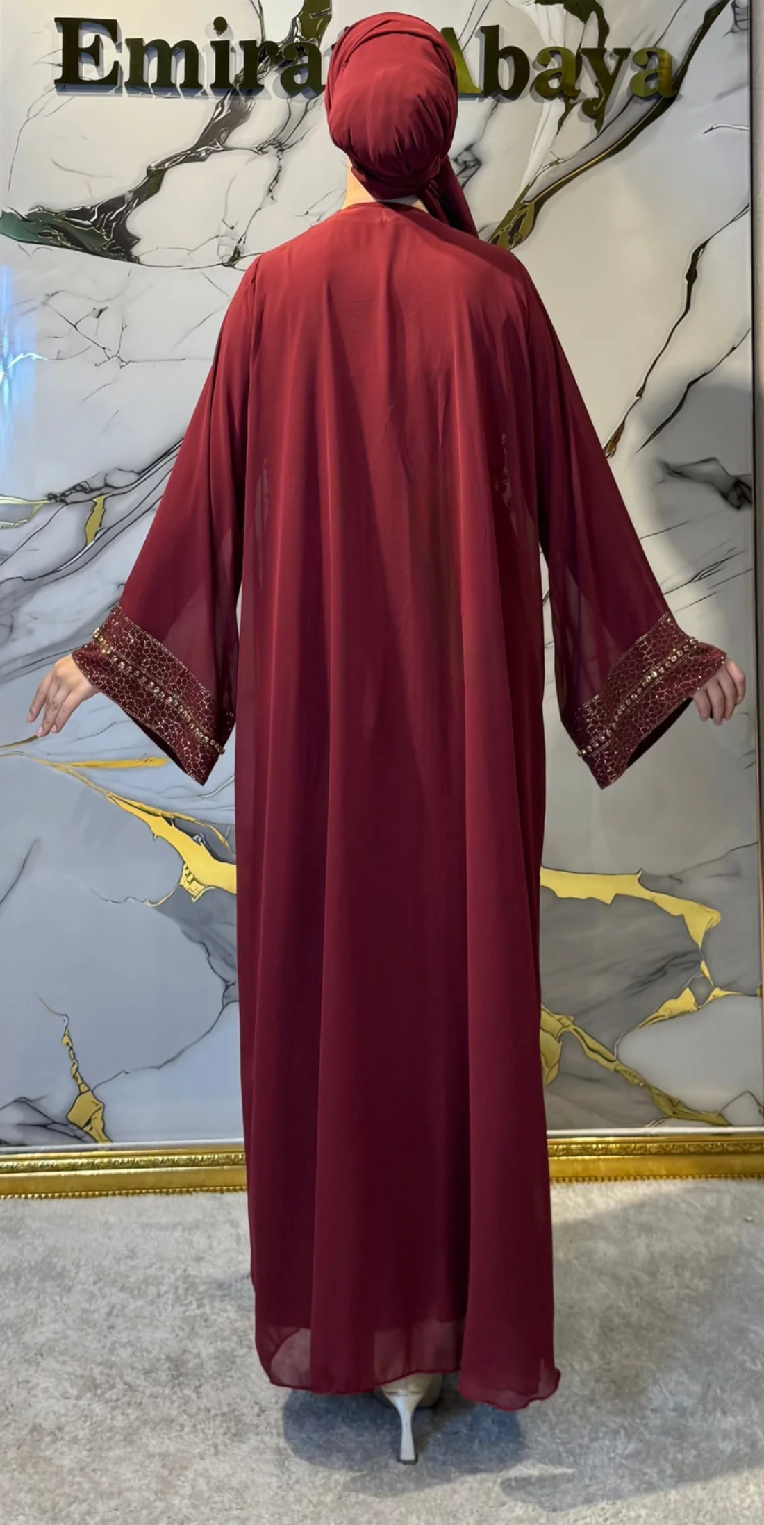 Gold Embellished Burgundy Chiffon Abaya Set - 4-Piece Luxury Set (Includes Shawl, Belt and Sandy Undershirt) WS31 GSBORDO