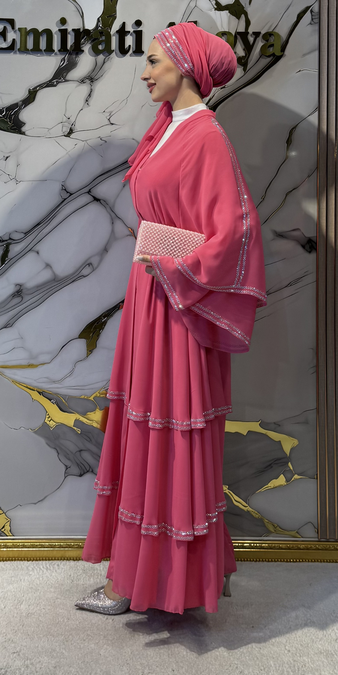 Three-Layer Pink and White Embellished Chiffon Abaya - Belt and Shawl Included | TM44 WSP