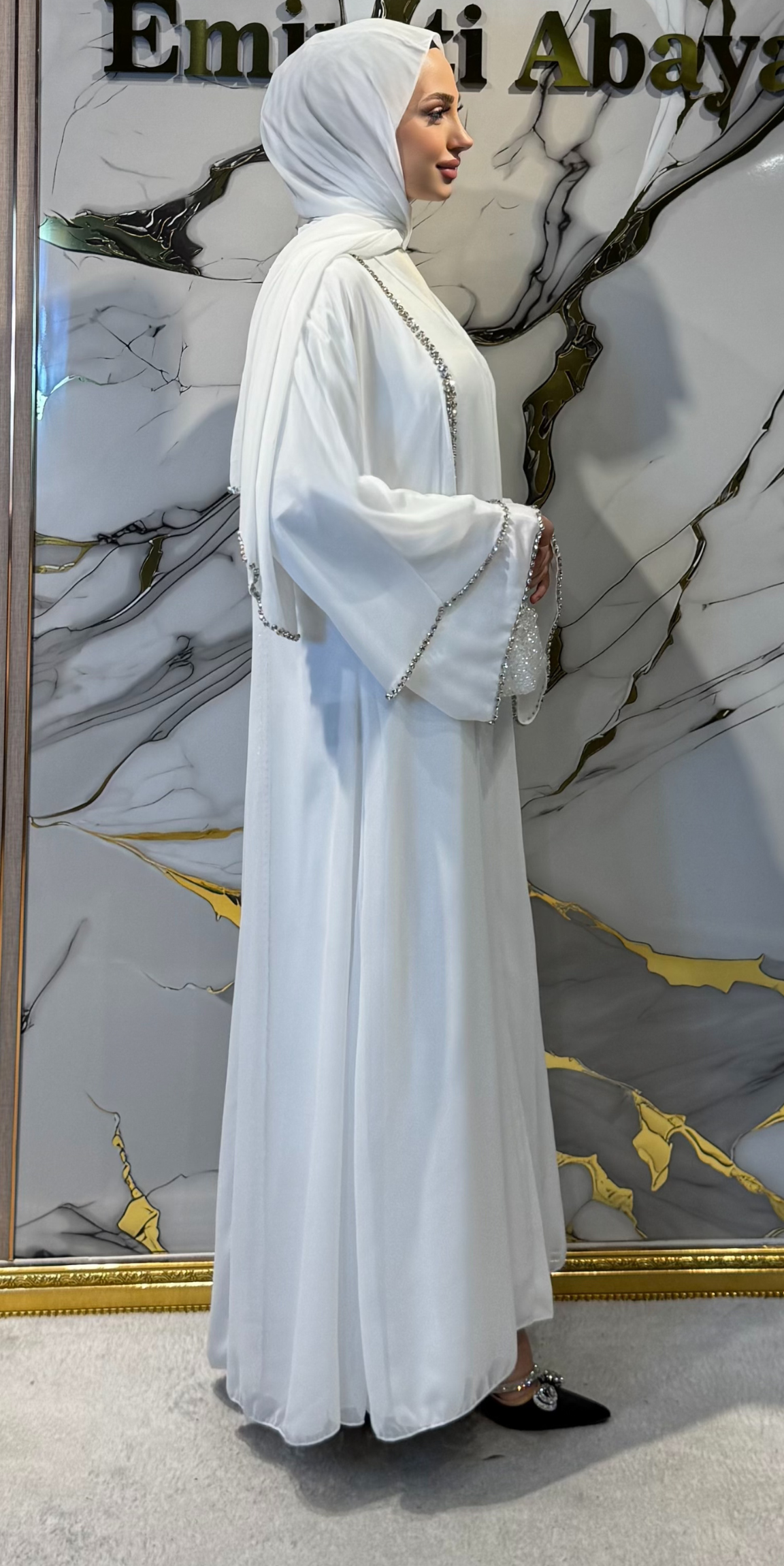 Önü Yırtmaçlı Taşlı Beyaz Şifon Abaya  Şal Dahil | TM06 WSW