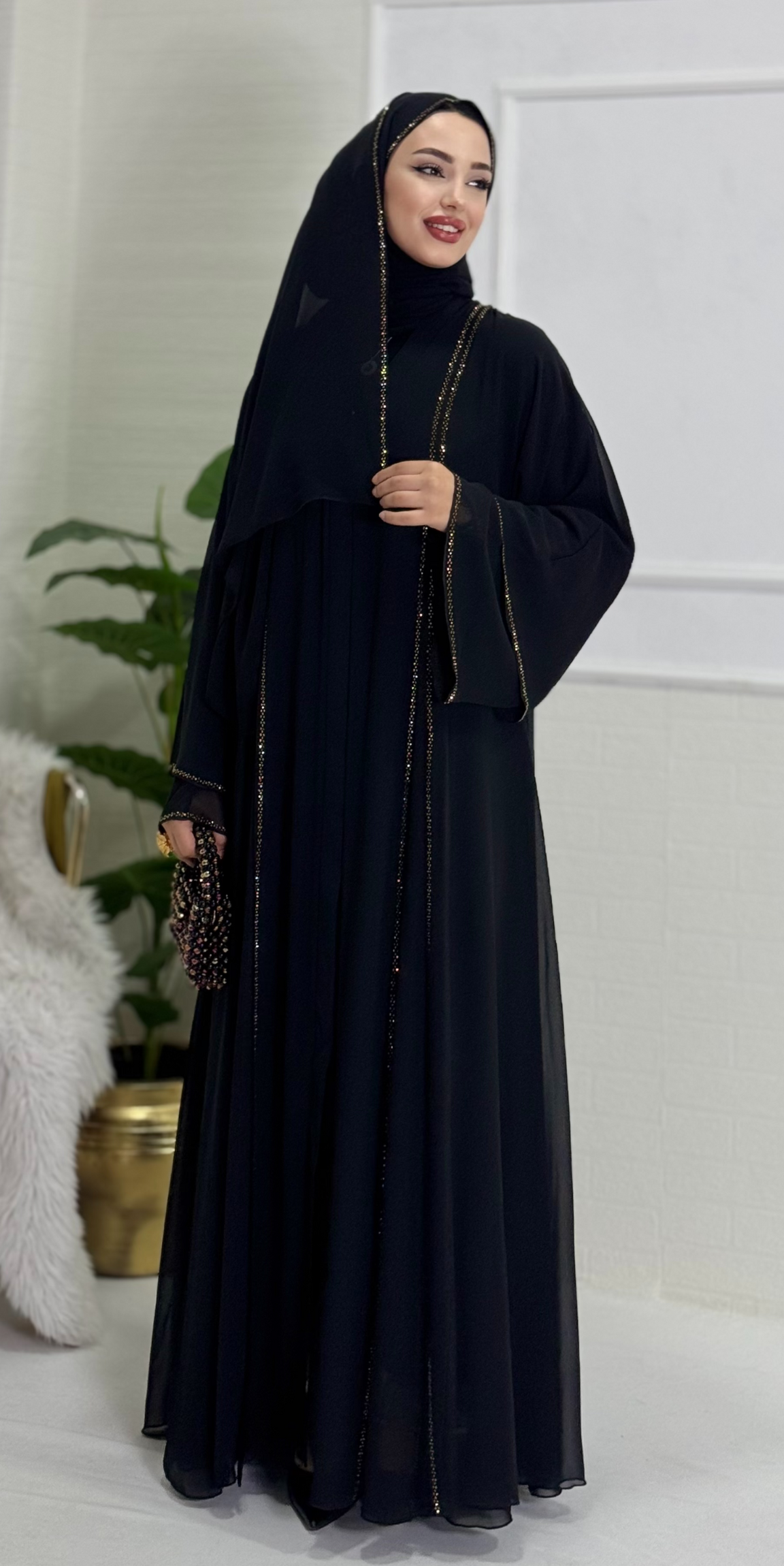 Black Abaya with Front Slit and Gold Stones