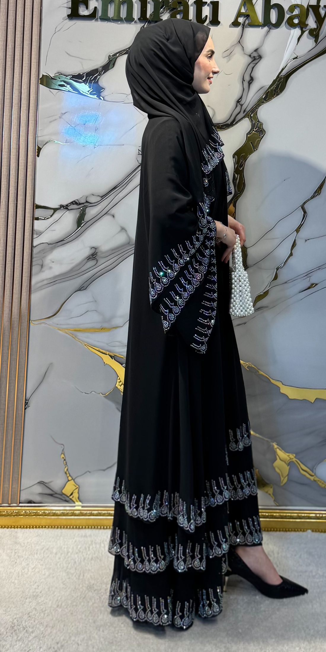 Etek Uçları Swarovski Taşlı Abaya TM07 WSB - Düğmeli Şal Dahil Lüks Model