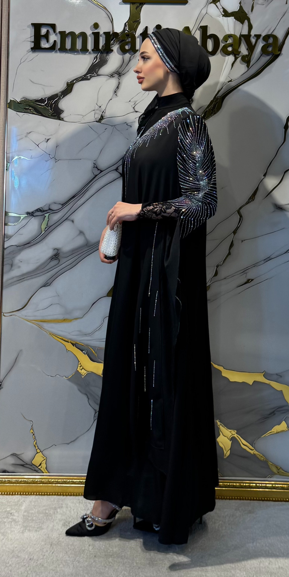Janjan Stone Embellished Black Abaya - Long Sleeved Shimmering TM82 JSDB