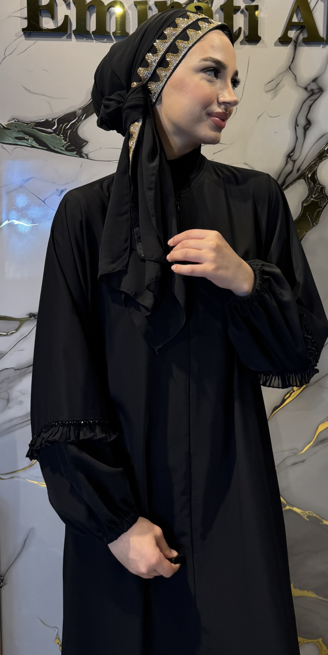 Front Gold Stone Embellished Black Korean Chiffon Scarf 180x75cm SHAWL17 GSB - Elegant Edge Detail Model
