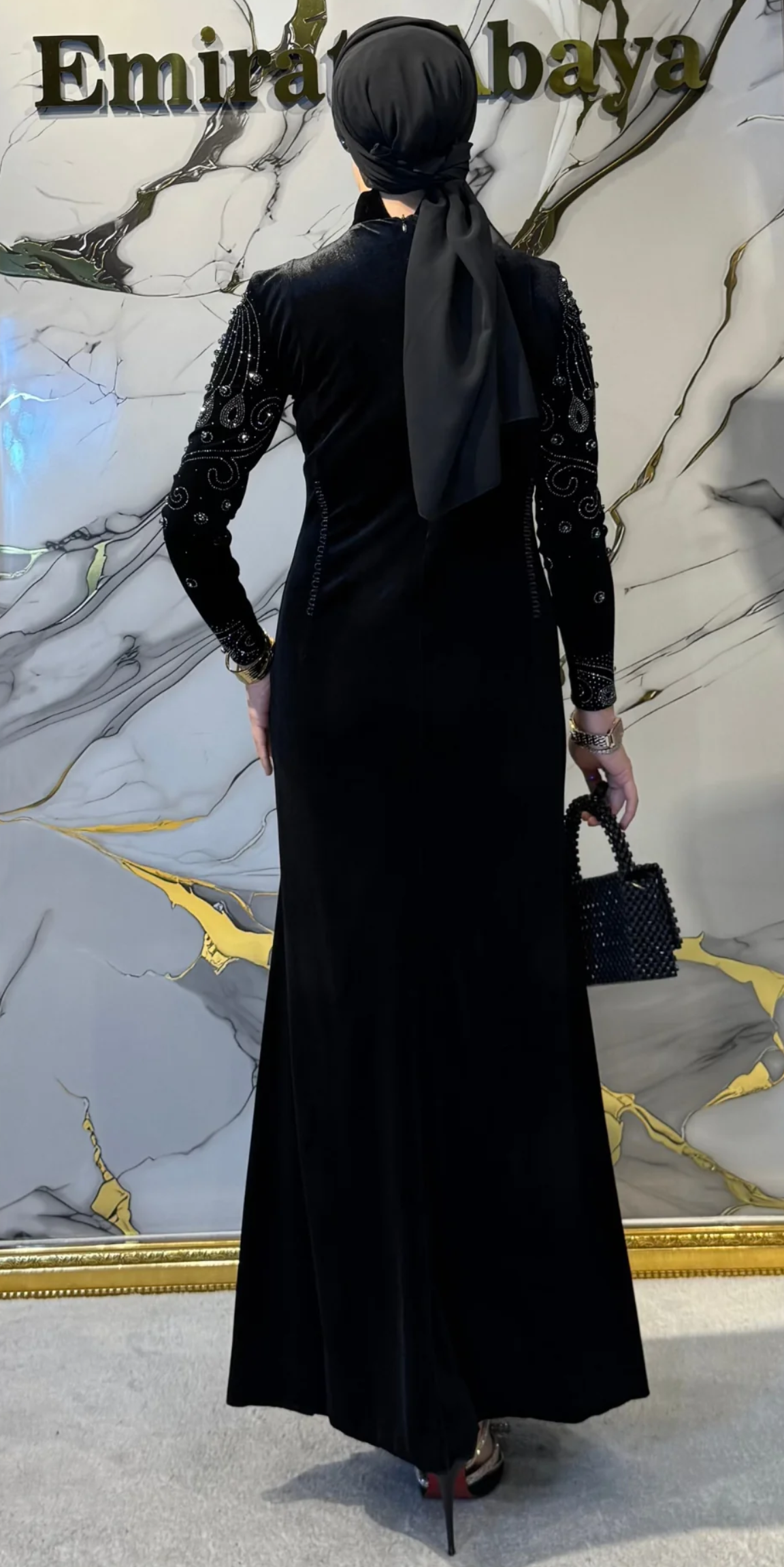 Hematite Stone Patterned Black Velvet Abaya | LY11 HSVB