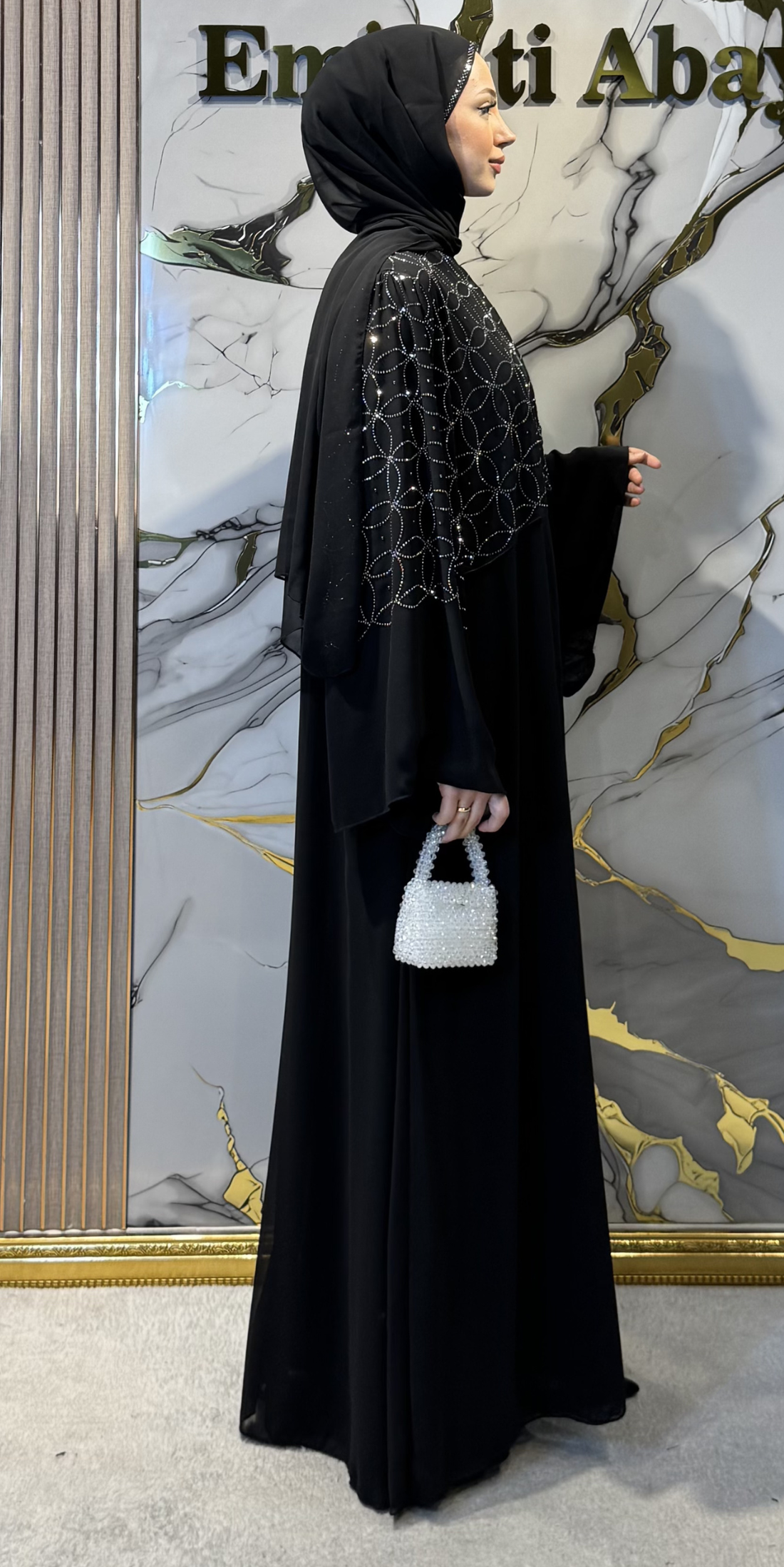 Üst Kısmı Hematit Taşlı Siyah Abaya - Zarif Model TM030 HSB
