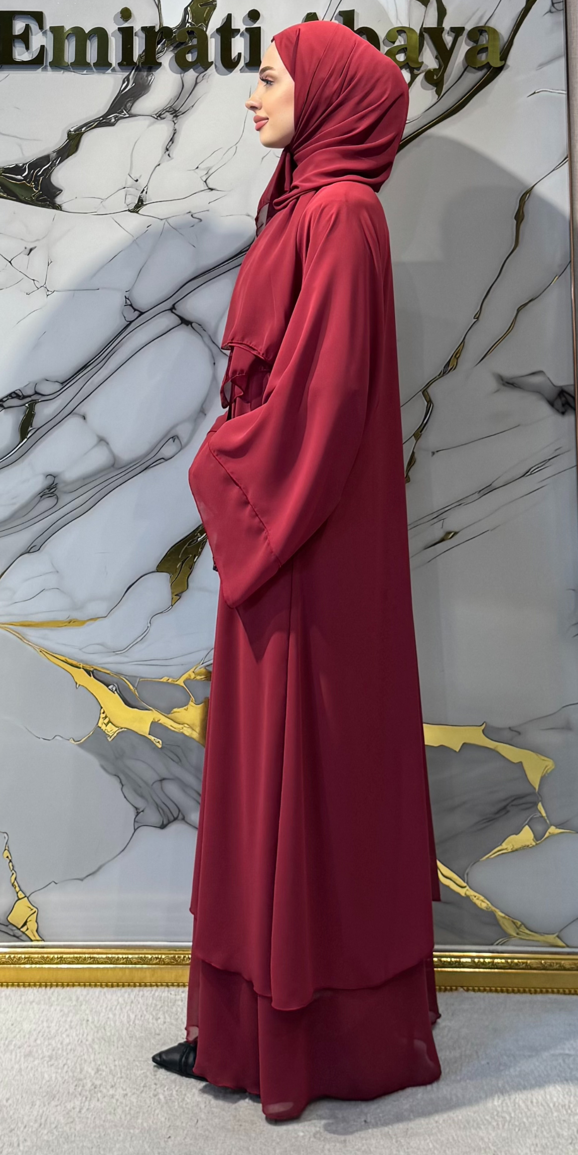 İki Katlı Swarovski Taşlı Bordo Abaya - Çıtçıtlı Zarif Model RK009 BORDO
