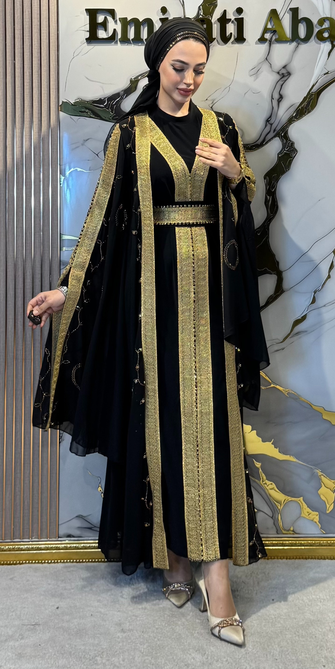 Chiffon Fabric with Gold Stripe and Tulip Motif, Embellished with Gold Stones | WS47 GSB