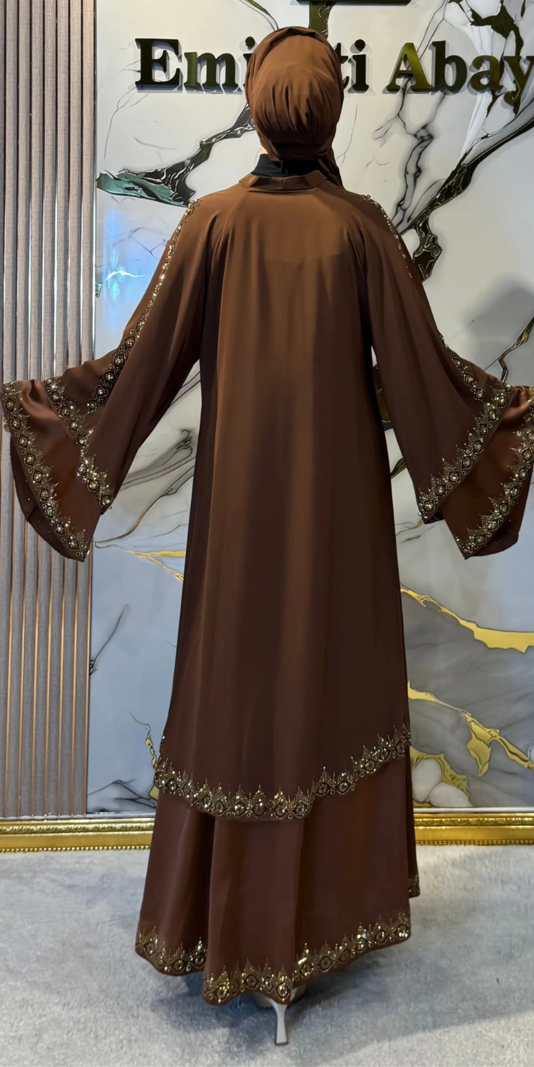 Zara Two-Layer Satin Abaya with Gold Stone Embellishments | LY23 GSK