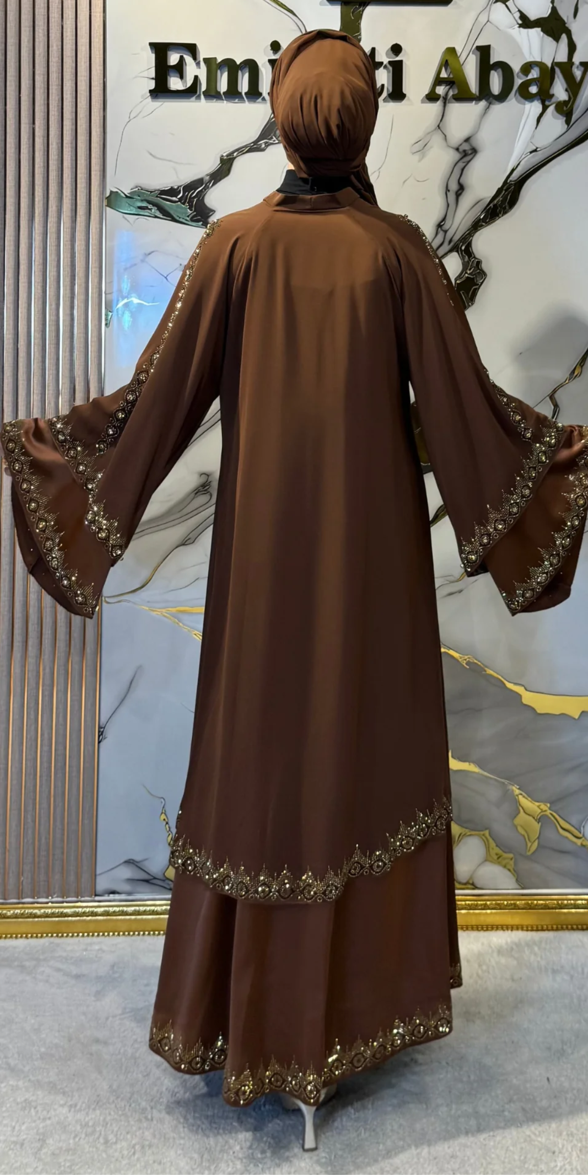 Gold Taş İşlemeli İki Katlı Zara Saten Abaya | LY23 GSK