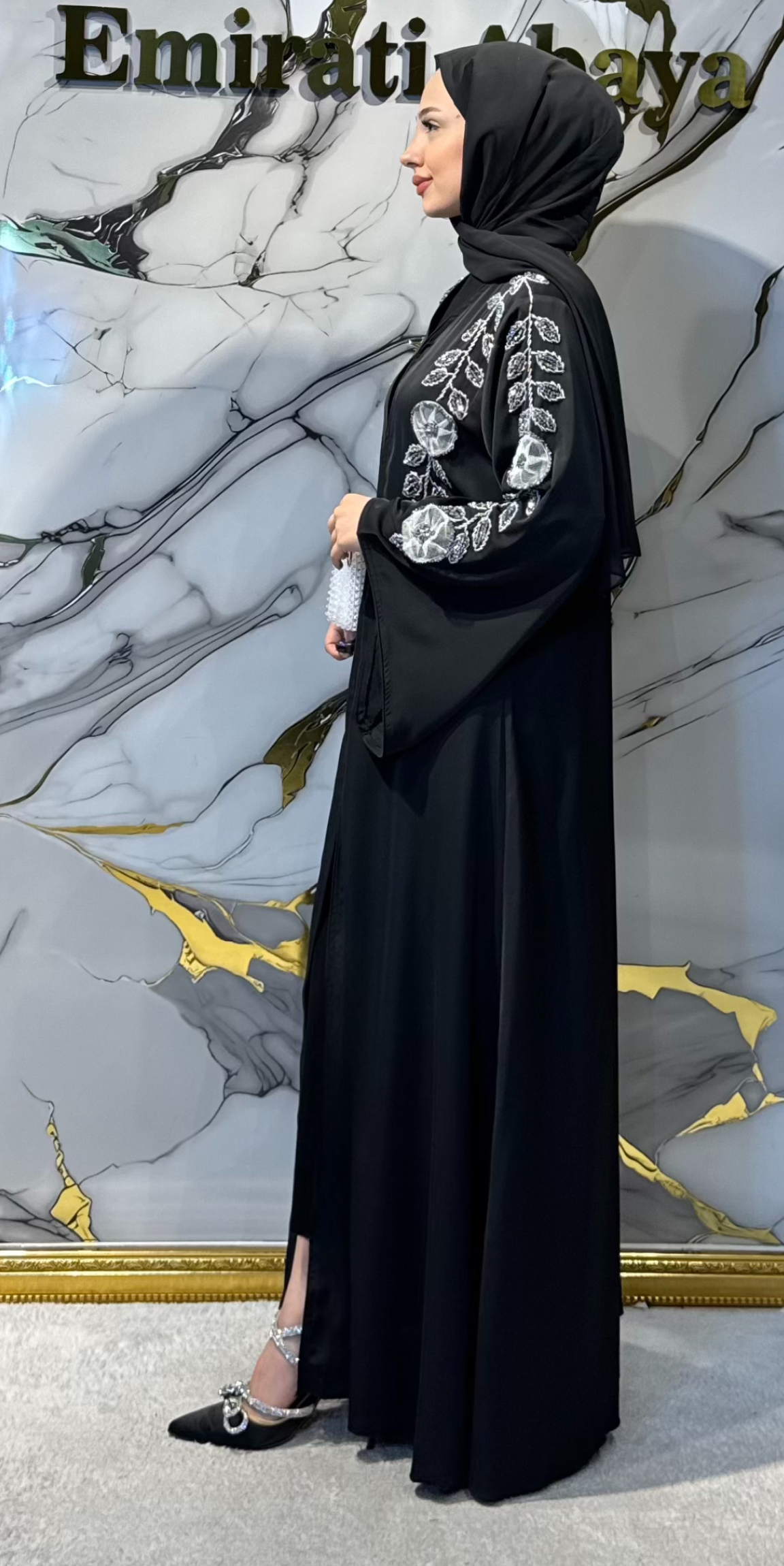 White Flower Hand Embroidered Dubai Silk Abaya