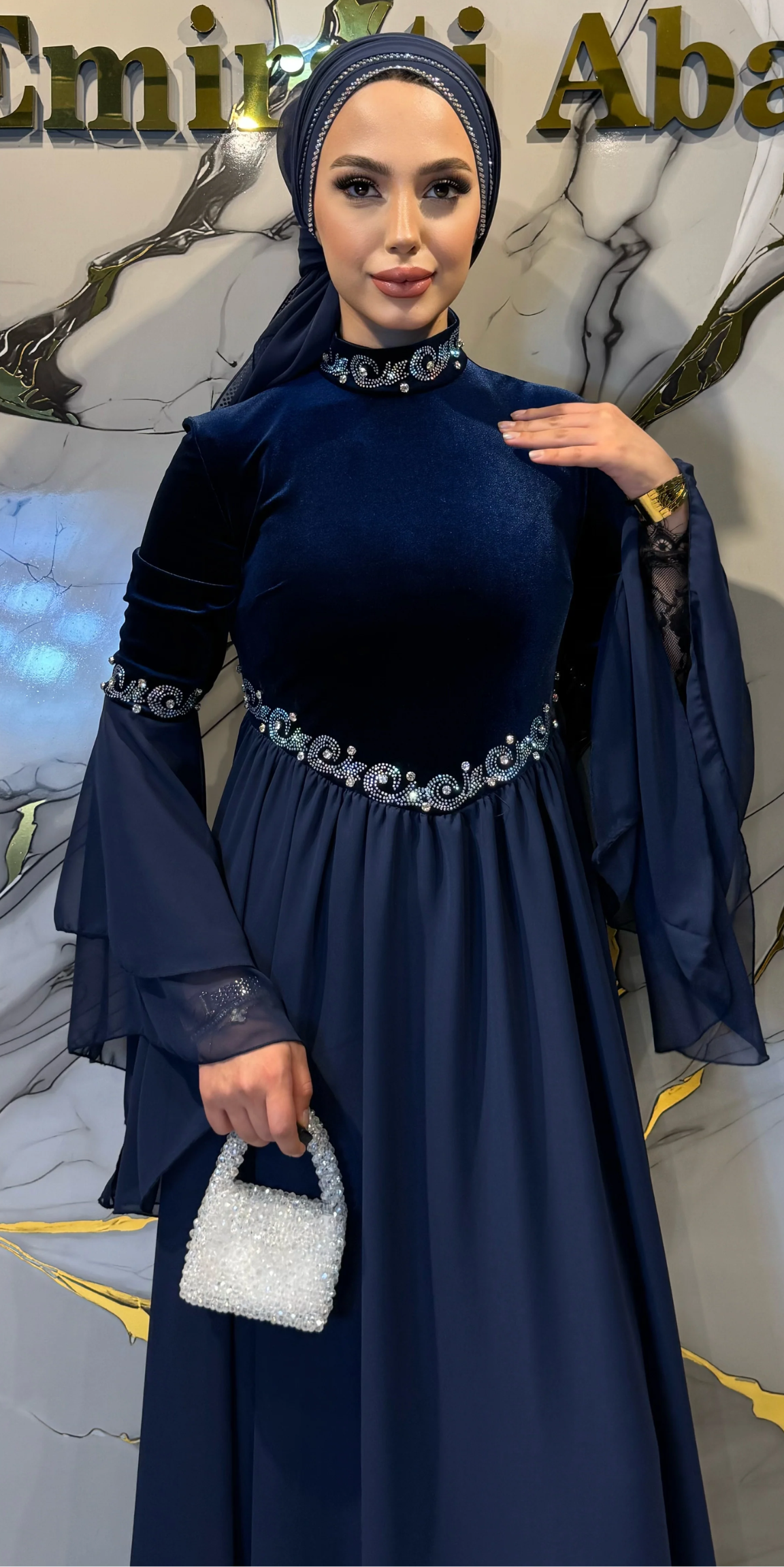 Royal Midnight Serenade Navy Blue Velvet Chiffon Abaya LY21 JSVL - Luxury Model Including Embellished Shawl
