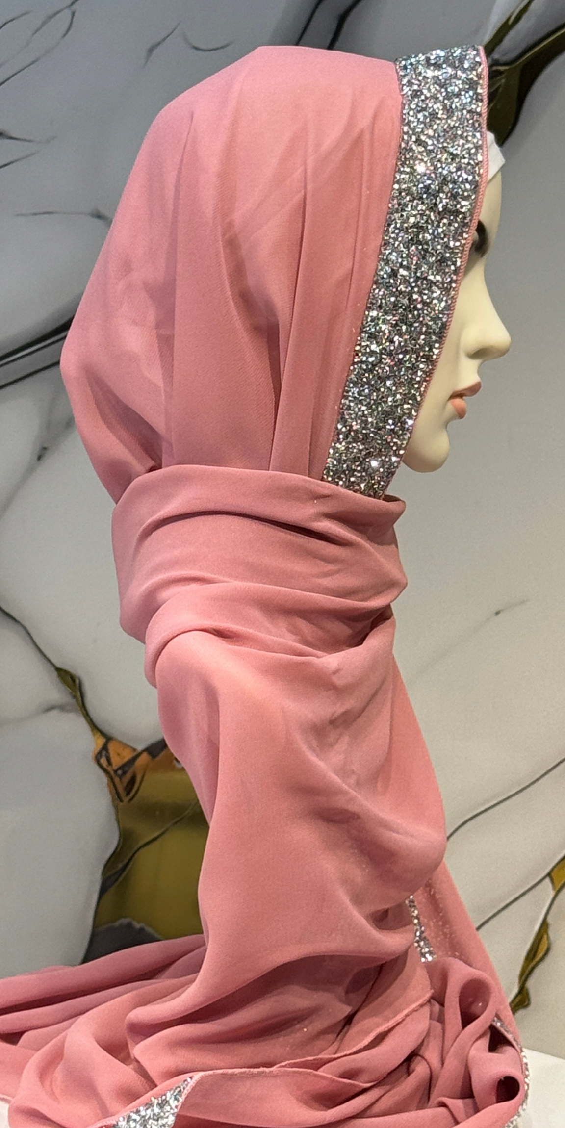Gümüş Taşlı Pembe Şifon Şal Emirati Abaya | ŞAL101 WSP