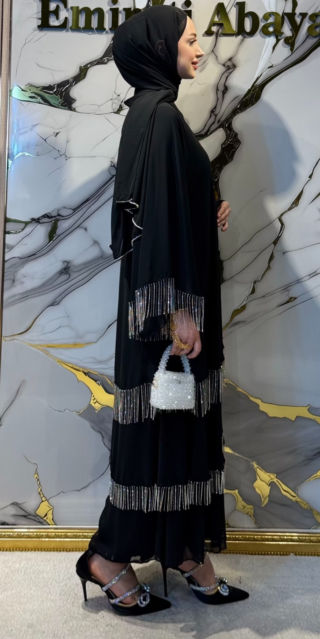 Etek Uçları Kristal Püsküllü Üç Katlı Abaya RK011 Püskül Black - Çıtçıtlı Zarif Model