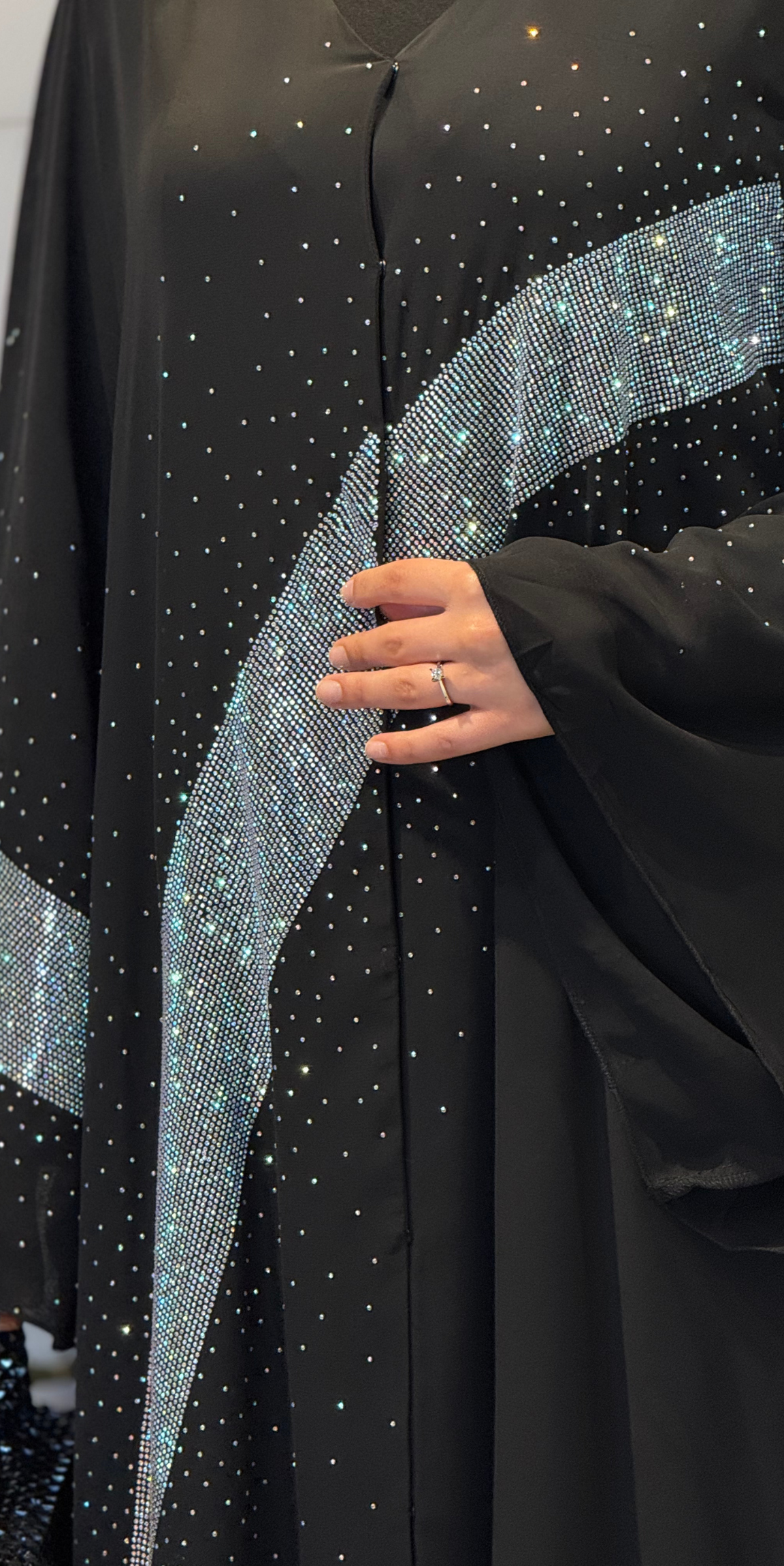 Çapraz Janjan Taşlı Siyah Şifon Abaya | Işıltılı Düğün Abayası TM35 JSDB