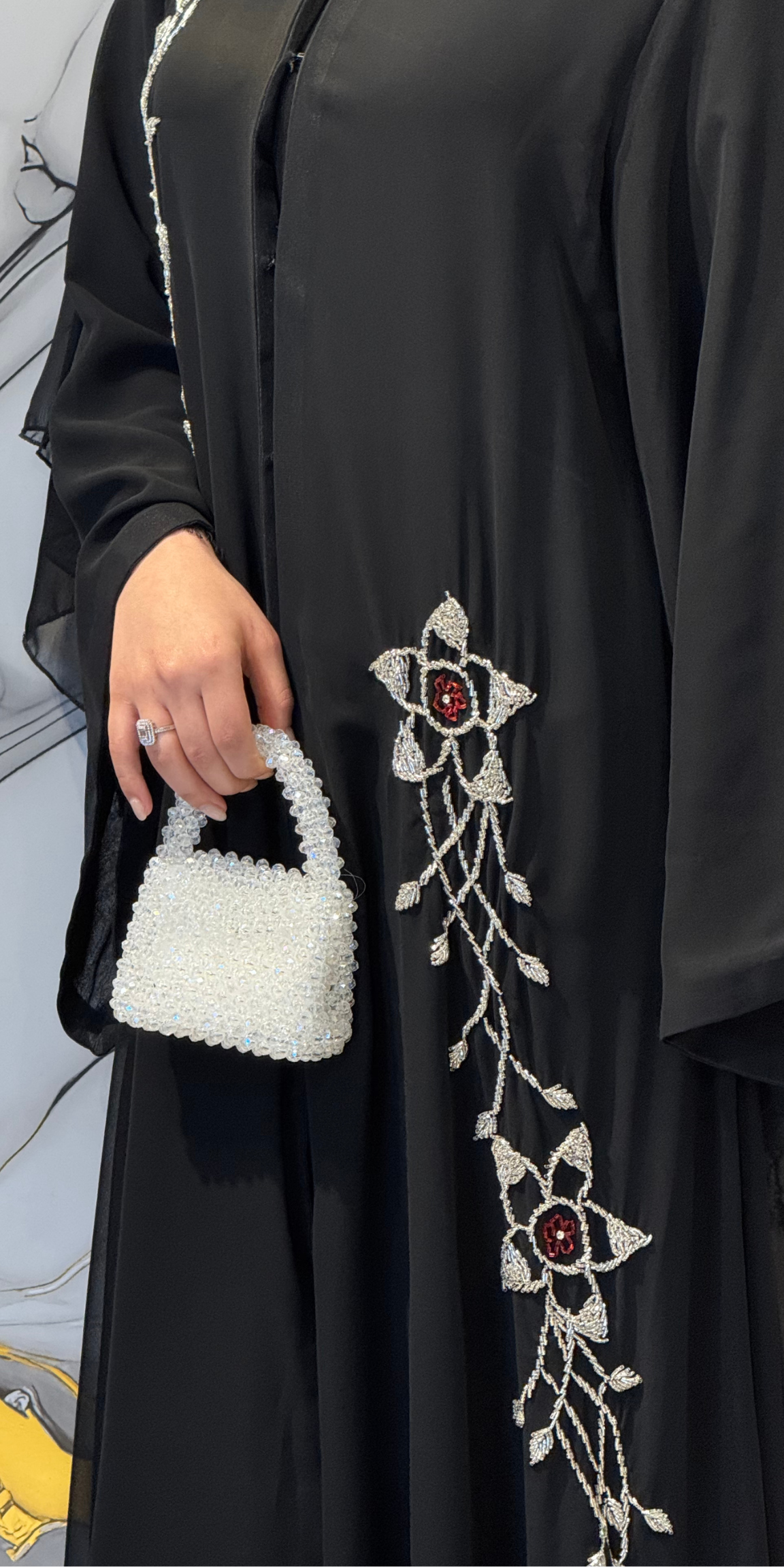 Premium Kore Şifon Swarovski Kristalli Abaya - El İşi Zarafet | EF0015 WSB