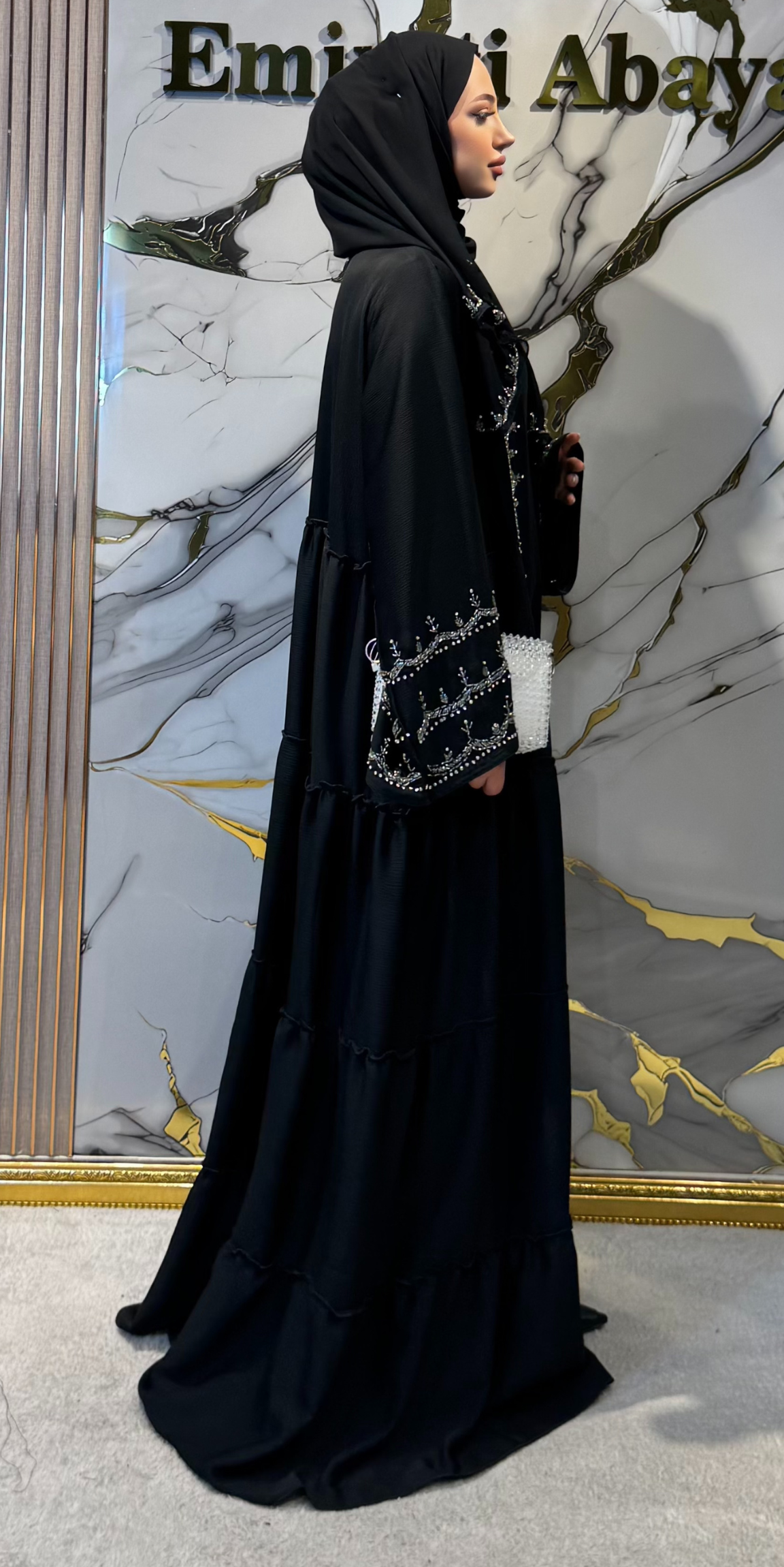 Open Front Hand Embroidered Dubai Style Black Abaya M4 WSB - Elegant and Unique Craftsmanship Model