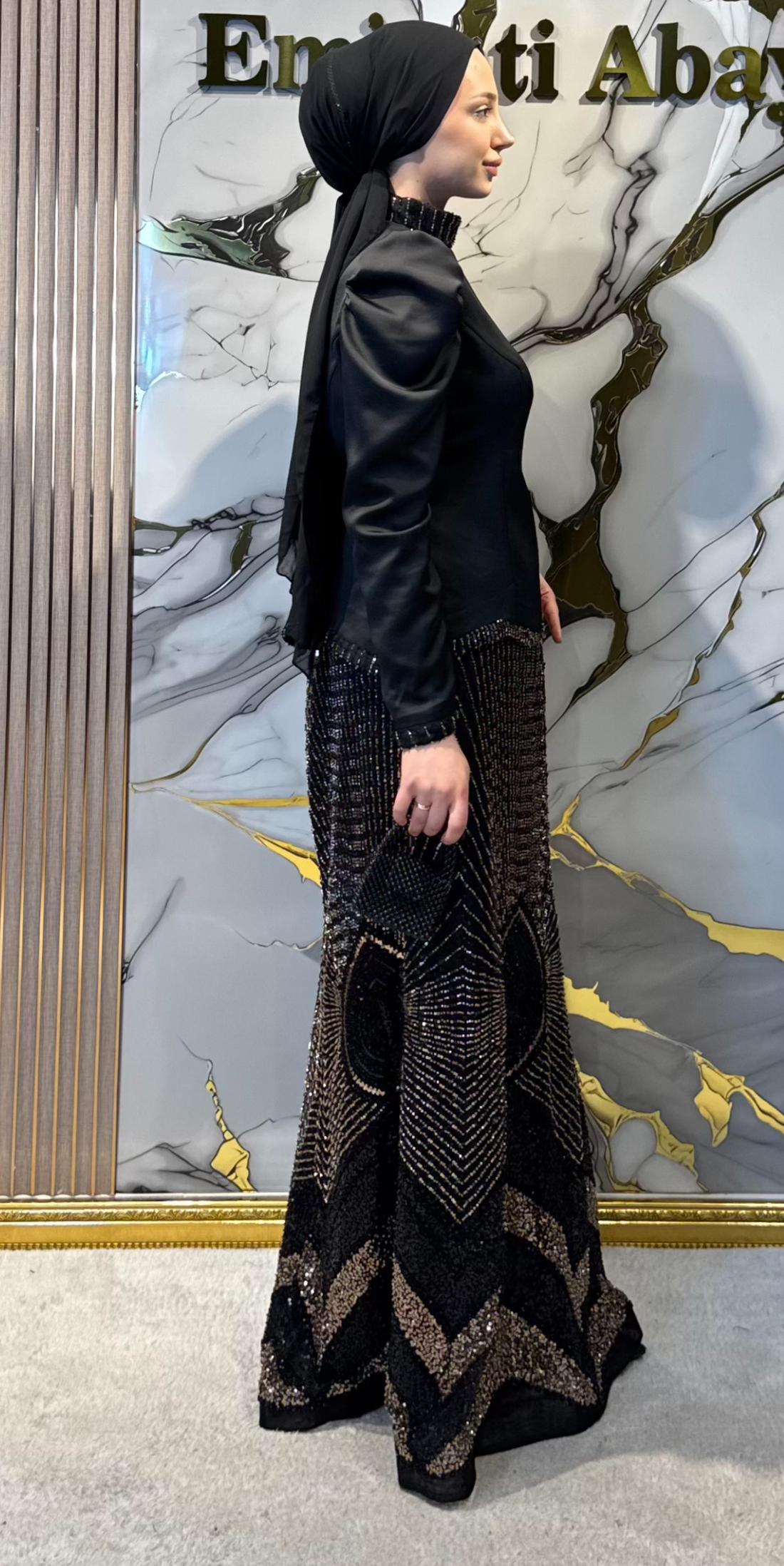 El Yapımı Taşlı Saten ve Tül Kombinasyonlu Siyah Abiye | Şal Dahil | EF0036