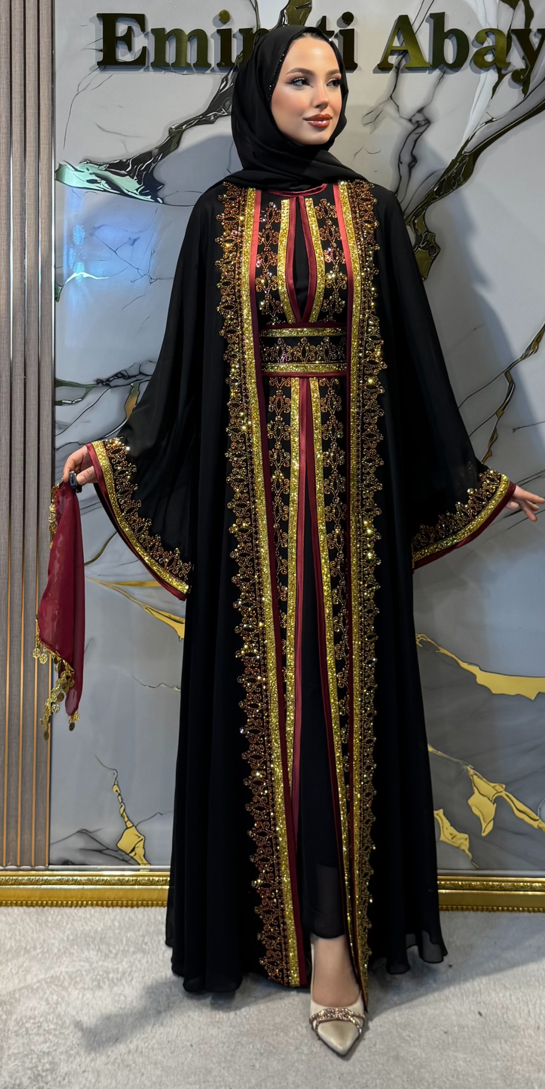 Traditional Black Abaya Set with Gold Stone and Red Stripe Detail WS74 GSB - 4-Piece Set (Includes Shawl, Belt and Undershirt) WS74 GSB