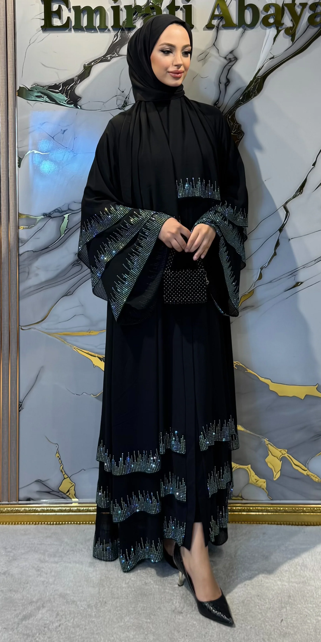 Three-Layer Striped Stone Embellished Abaya TM22 JSB - Shawl Included, Blue-Green Stone Detailed Model