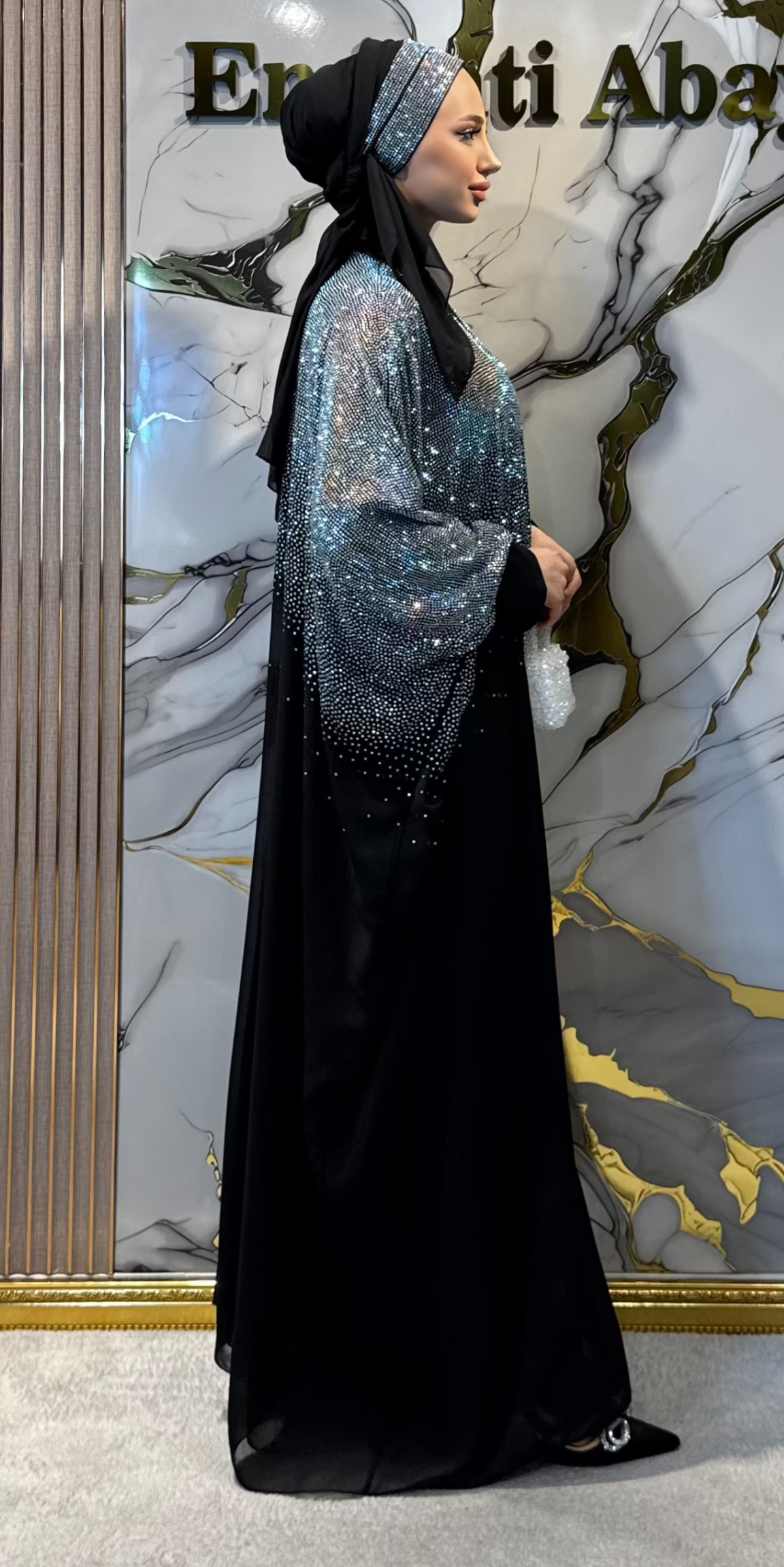 Üstü Swarovski Taşlı Siyah Yarasa Kol Abaya - Çıtçıtlı Modern Model TM64 JSB